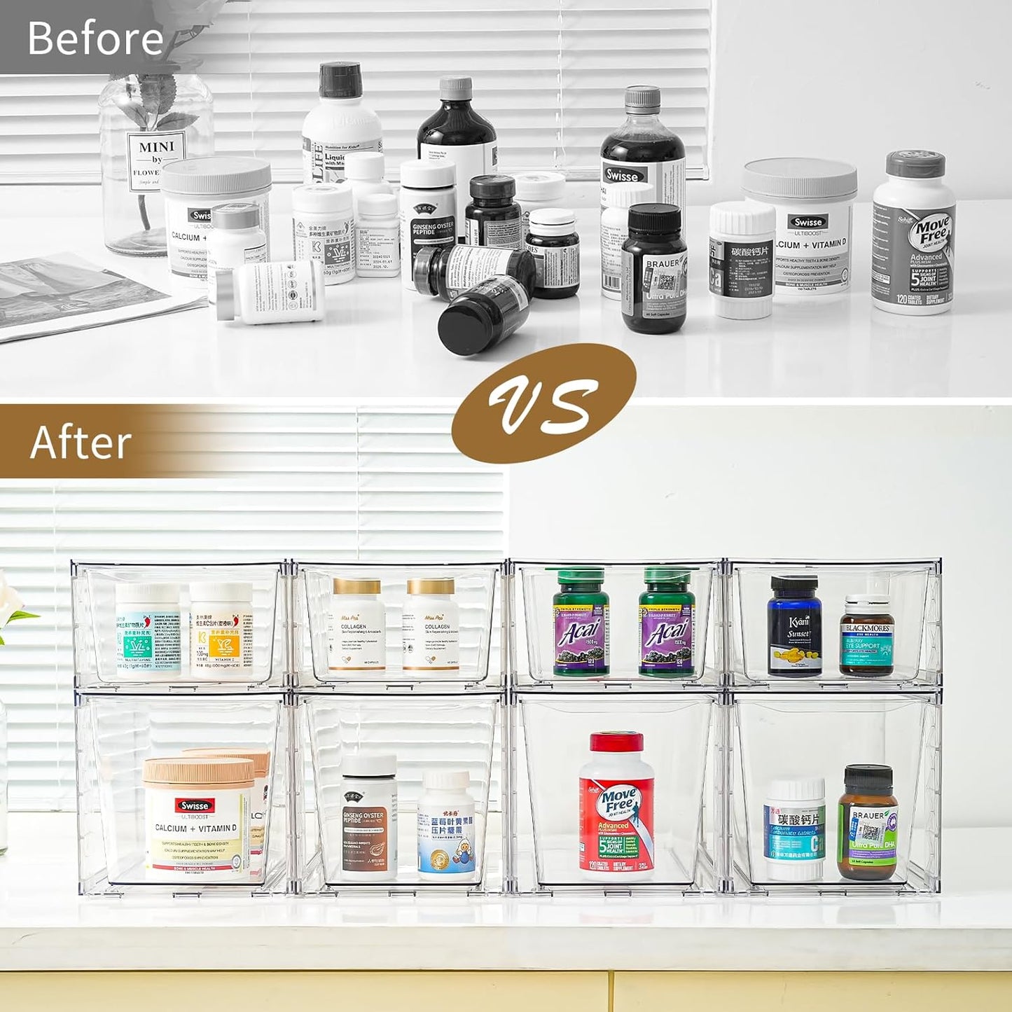 4Pack Stackable Kitchen Storage Organizer, Pantry Organizers and Storage, Clear Foods Organizer Bins with Handles, Easily Assemble for Bathroom, Kitchen, Pantry, Cabinet, Closet