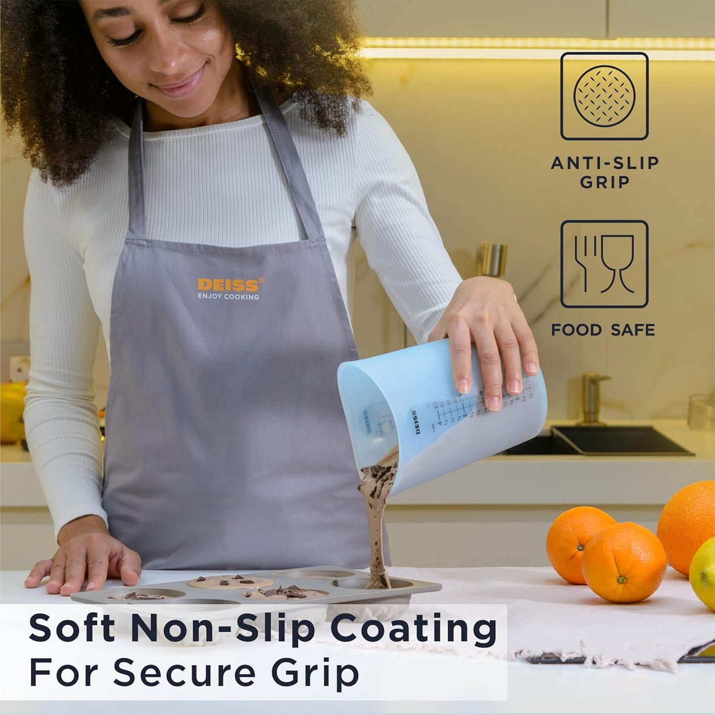 Deiss PRO 3 Piece Silicone Measuring Cup Set - Versatile & Durable, Easy-Pour Spout, Non-Stick for Easy Clean, Heat-Resistant - Squeeze & Pour Liquid Measuring Cups - Ideal for Baking, Cooking, Resin