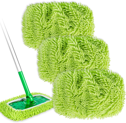 Reusable Mop Pads Compatible with Swiffer Sweeper Mops, 3 Pack 12 Inch Washable Microfiber Wet Pads Refills Dry Sweeping Cloths Heavy Duty Mop Head Replacement for Wet Dry Floor Cleaning, Green