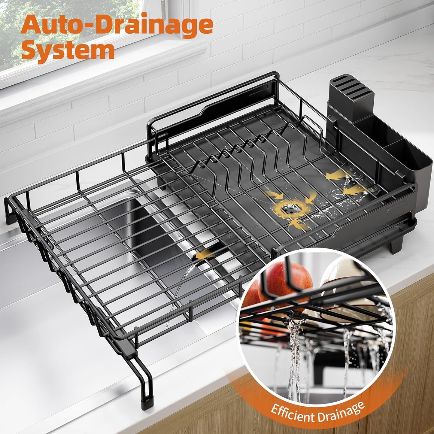 Dish Drying Rack - Extendable Dish Drainer, Large Dish Rack for Kitchen Counter, Rustproof Dish Strainer with Utensil Holder and Cups Holder, 1 Tier Black