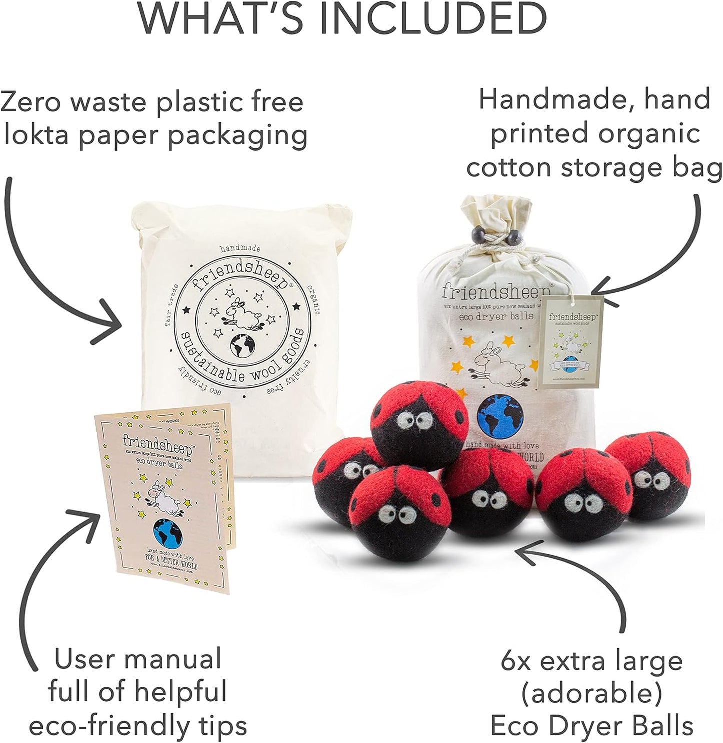 Friendsheep Wool Dryer Balls 6 Pack XL Organic Premium Reusable Cruelty Free Handmade Fair Trade No Lint Fabric Softener Ladybugs - Laundrybugs