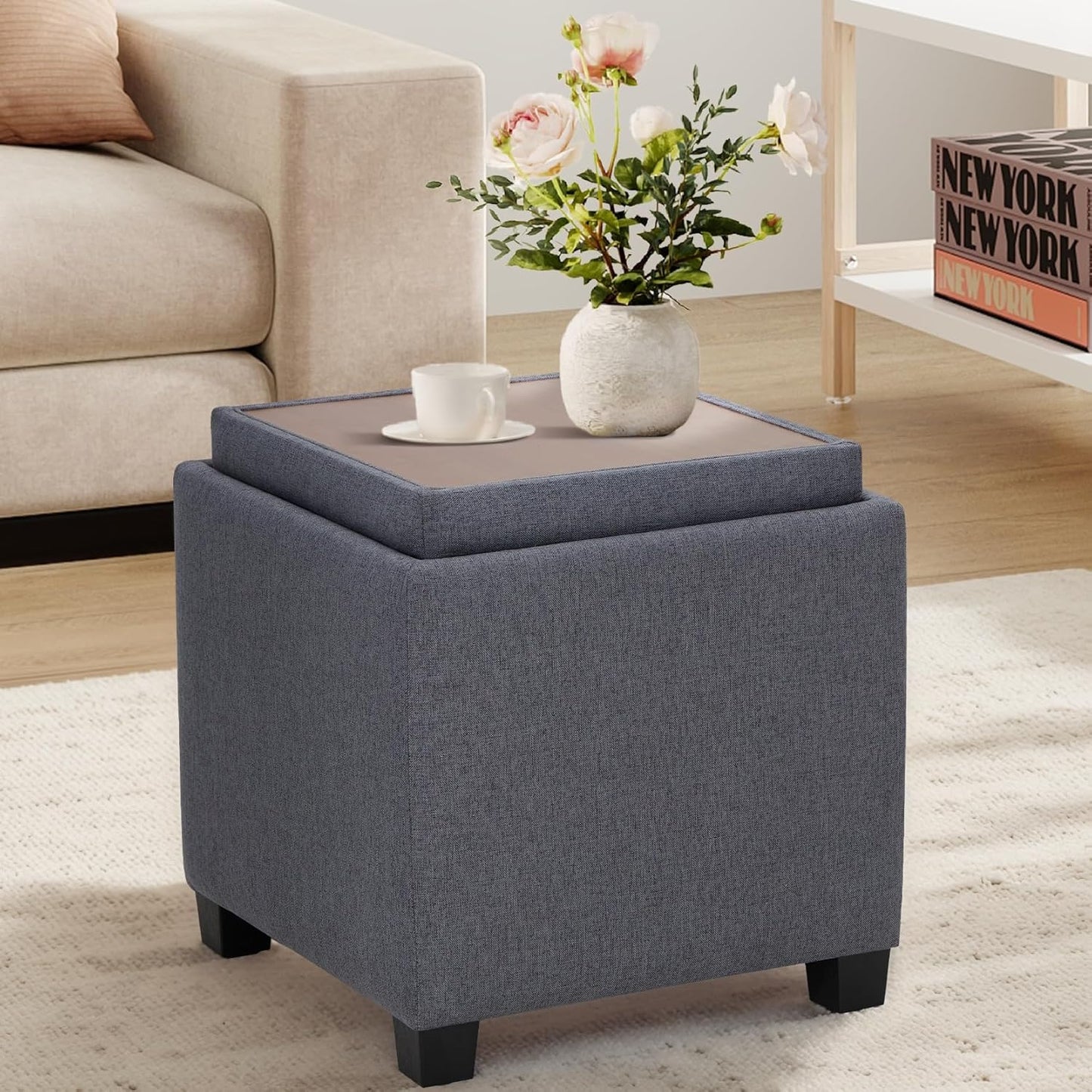 COLAMY Fabric Square Storage Ottoman with Reversible Tray Lid – Multi-Functional Footrest, Hidden Storage, Sturdy & Stylish Small Coffee Table for Living Room, Bedroom, or Entryway(Grey)