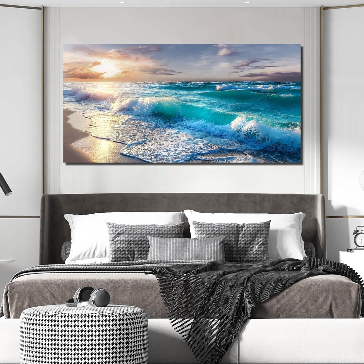 GUGIKA Ocean Wall Art for Living Room, Blue Wave and Large Coastal Beach Canvas Wall-Decor for Bedroom, Gold Sun Scenery Pictures for Hallway Office, Size 59 x 29 Inches