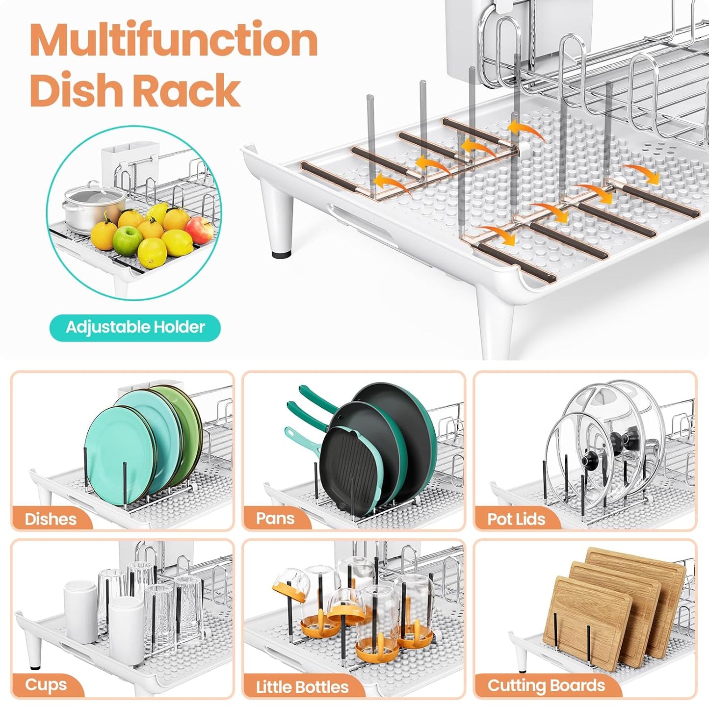 Expandable Dish Drying Rack, Foldable Dish Rack for Kitchen Counter, Stainless Steel Collapsible Dish Drainer Racks with Cutlery Holder, White