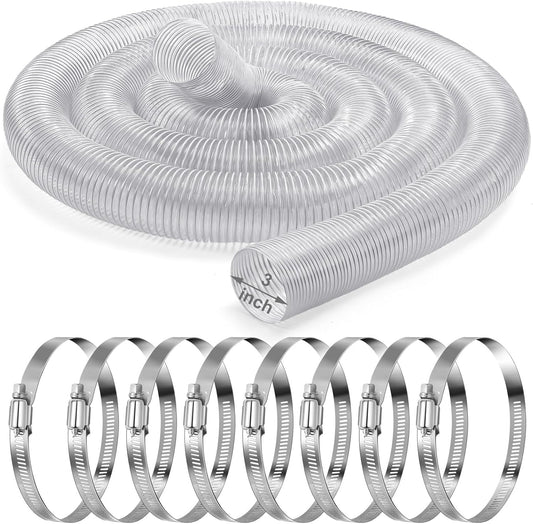 3 Inches 30 ft PVC Dust Collection Hose with Stainless Steel Hose Clamps Set Flexible Clear Vacuum Hose Puncture Resistant Fume Hose for Vacuums Cleaner Fume Dust Collection System (White)