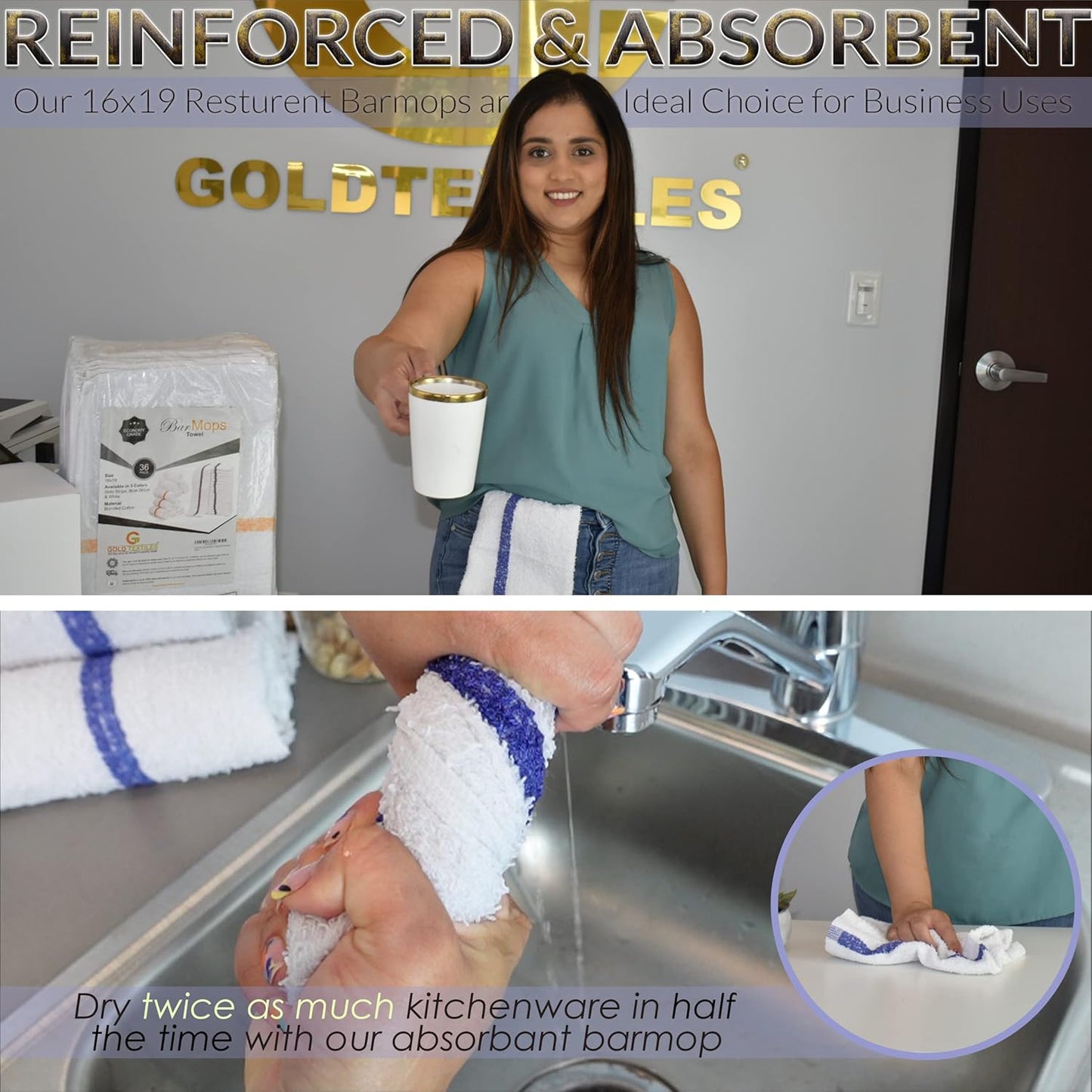 GOLD TEXTILES 120 PC New Cotton Blend White Restaurant Bar Mops Kitchen Towels 28oz (10 Dozen) (120, Blue Stripe)