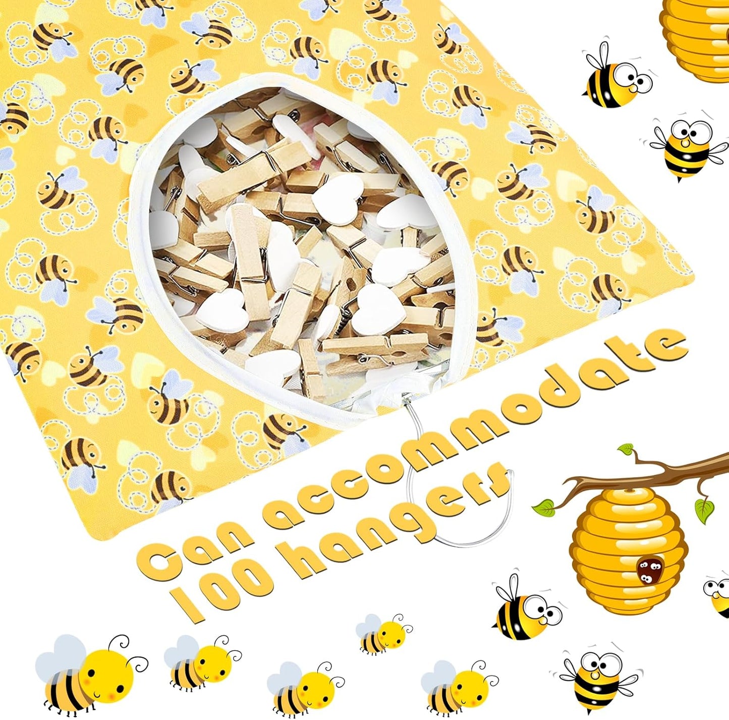 Bee Honeycomb Clothespin Holder - 2 Pcs Bee Clothes Pin Bags - 15 X 11 Inch - Clothes Hanging Bag for Laundry Room & Outdoor Use