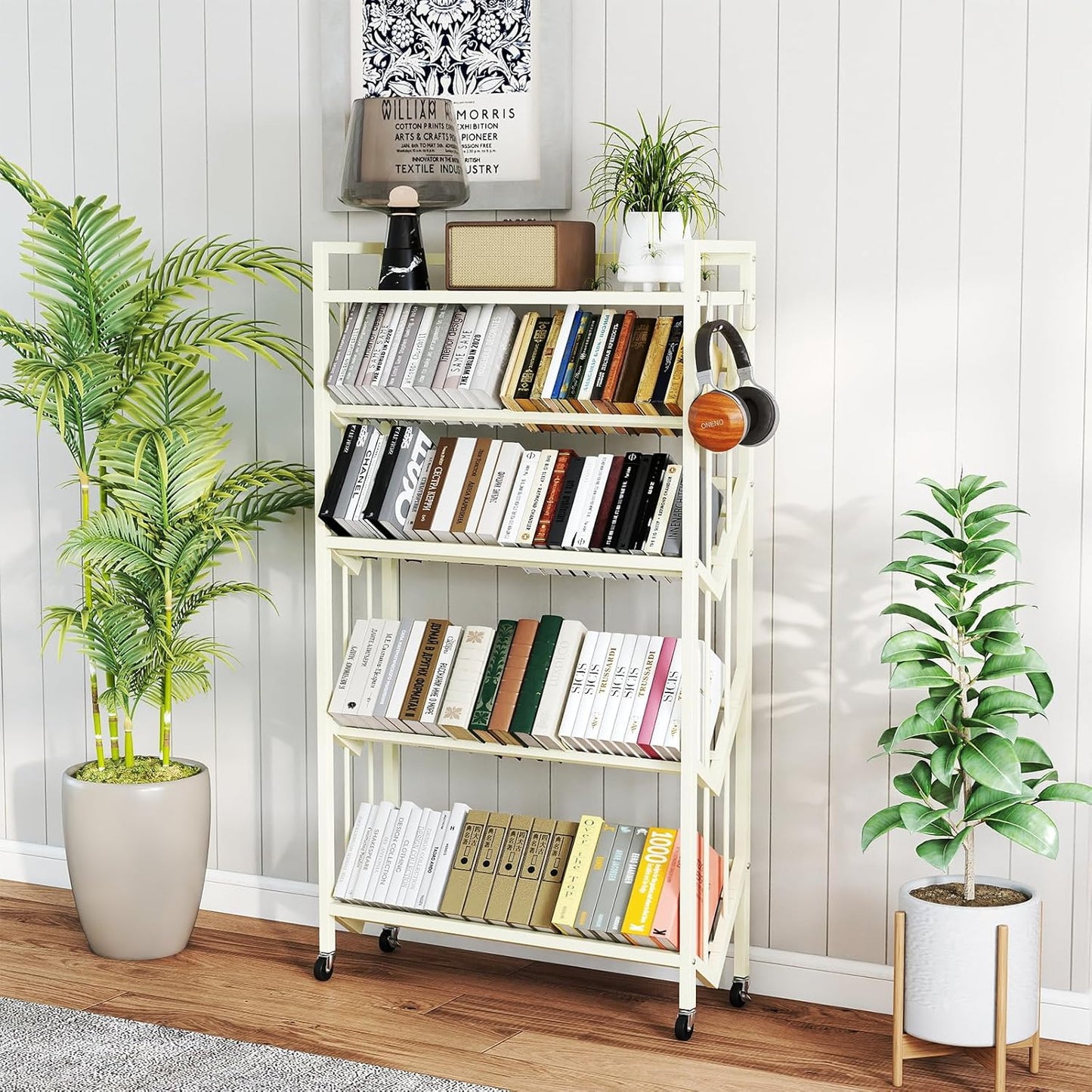 Book Carts 5 Tier 57.7x35.4x9.84 in Rolling Book Cart Large Capacity Bookshelf Storage Rack Mobile Book Storage with Wheels Cart for Home Office Living Room Classroom (5 Tier White)