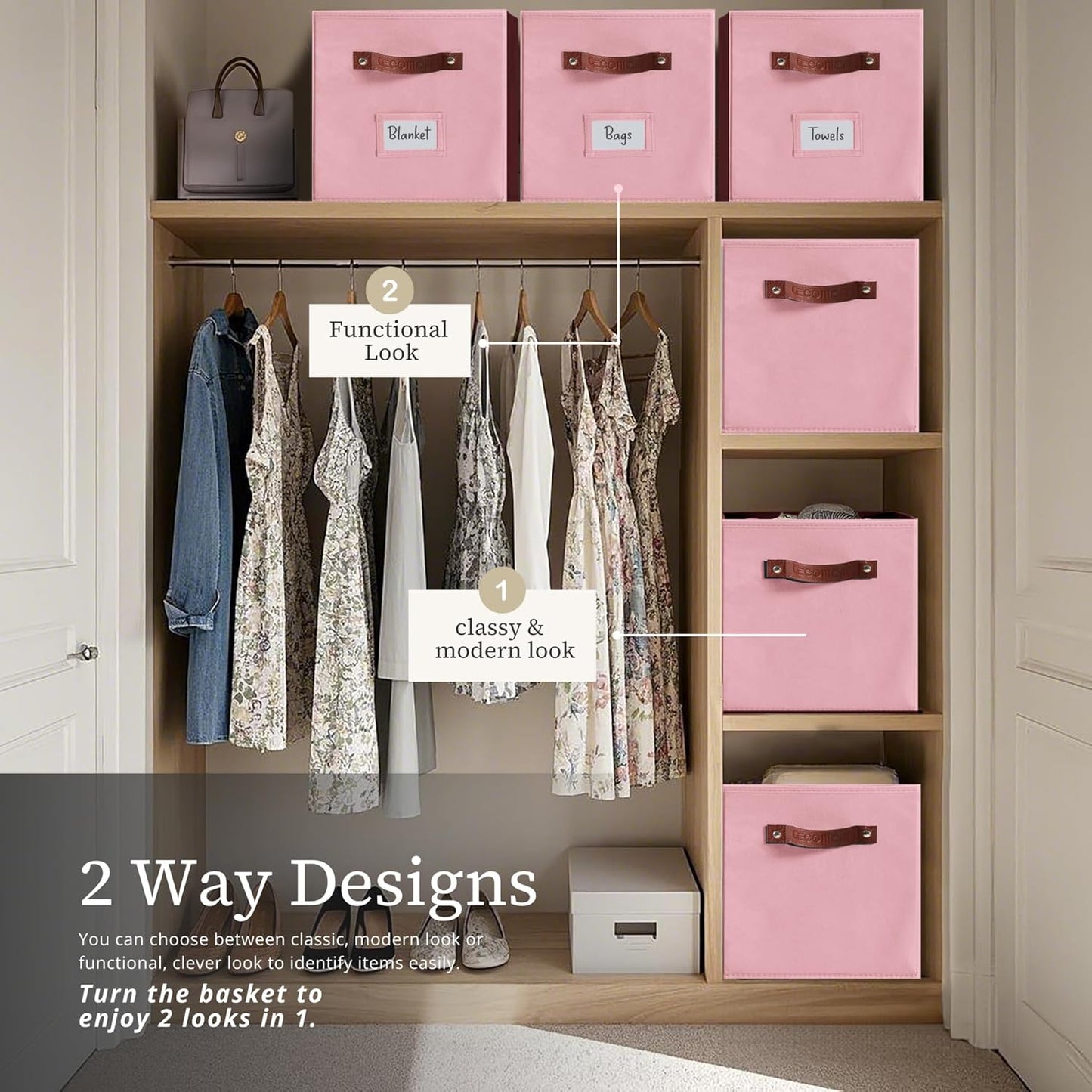 DECOMOMO Storage Baskets, 13x15x13 Storage Cube Bins with Labels for Organizing Shelves Kallax (Kallax / 4pcs, Pink)