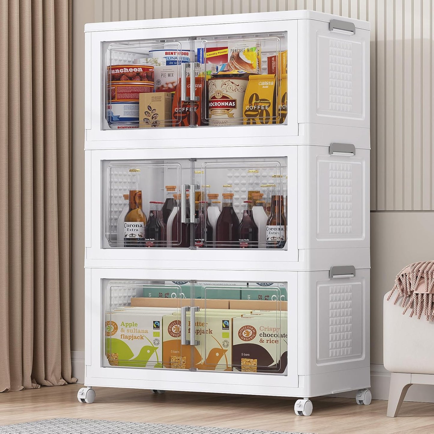 BROVIEW 324 Qt Plastic Storage Bins with Lid, Doors & Wheels, 3Pack Extra Large Stackable Collapsible Storage Bins, Closet Organizers and Storage Drawer, Foldable Cabinets for Home Office, White