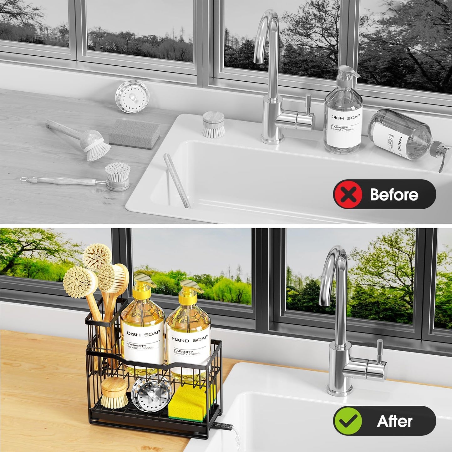 2-Tier Kitchen Sink Caddy with High Brush Holder&Self-Draining Tray,Rustproof&Non-Slip Sink Sponge Holder,Kitchen Countertop Storage Organizer,Soap Dispenser Storage - Black