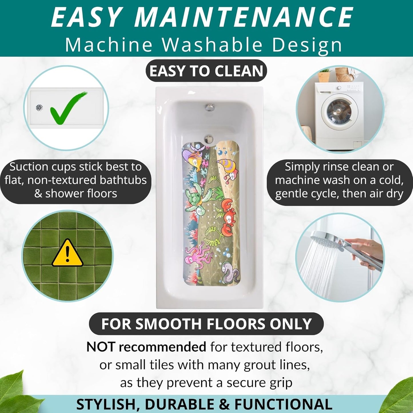 ENKOSI Bath Mat - Large Non Slip Bathtub & Shower Mat - Extra Long 40 x 16 Inch Bathroom Mats for Tub Nonslip Anti Slip Bathmats (Ocean Friends), 1 Pack