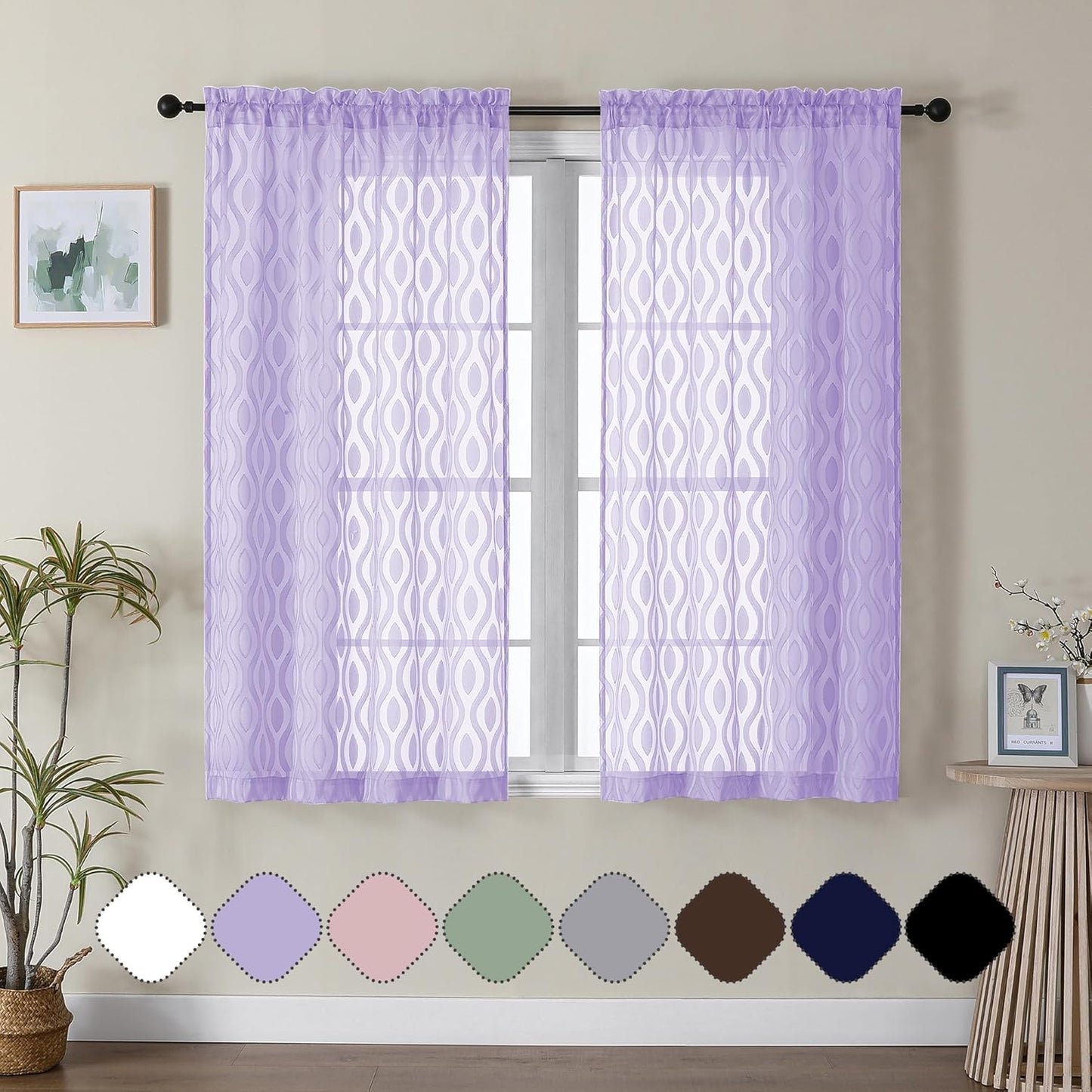 Aiyufeng Light Purple Sheer Curtains 54 Inch Length 2 Panels, Soft Lightweight Clip Jacquard Textured Sheer Curtain Panels, Modern Wavy Line Voile Sheer Curtain for Bedroom Living Room, 40Wx54L Inches