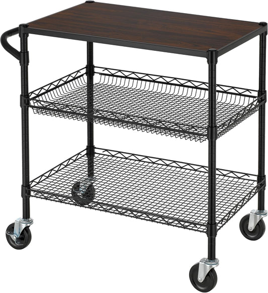 Finnhomy 3 Tier Heavy Duty Commercial Grade Utility Cart with Wood Top, Wire Rolling Cart with Wheels and Handle Bar, Kitchen Carts on Wheels, Metal Cart with 600 LBS Capacity, Black