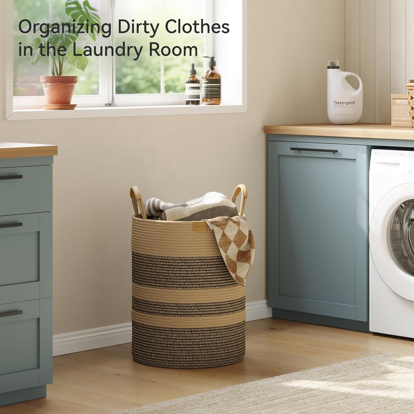 62L Striped Laundry Hamper with Leather Handles,Large Foldable Laundry Basket for Clothes,Cotton Rope Storage Bin for Blankets,Woven Clothes Basket for Bedroom,Dark Brown Stripes