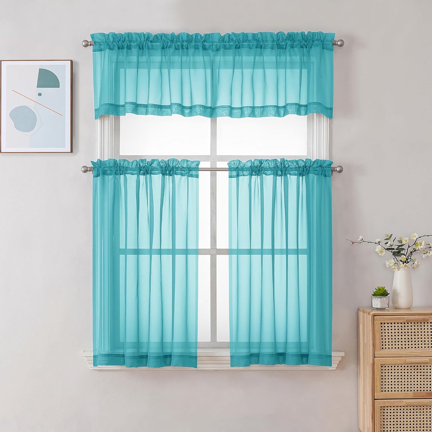 Chyhomenyc Turquoise Sheer Curtains 30 inch Length 2 Panels, Light Filtering Voile Rod Pocket Short Window Curtians for Bathroom Living Room Farmhouse Small Windows, 42Wx30L inches