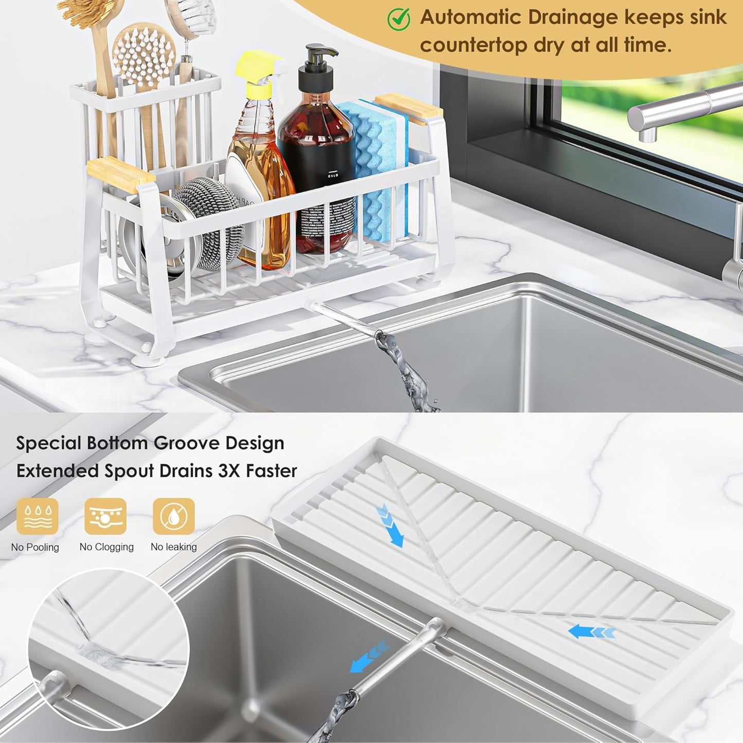 Doasuwish Kitchen Sink Caddy with High Brush Holder,Self-Draining kitchen Countertop Organizer,Rustproof 304 Stainless Steel,Non-Slip Stability High Storage Sponge Holder for Kitchen Sink White