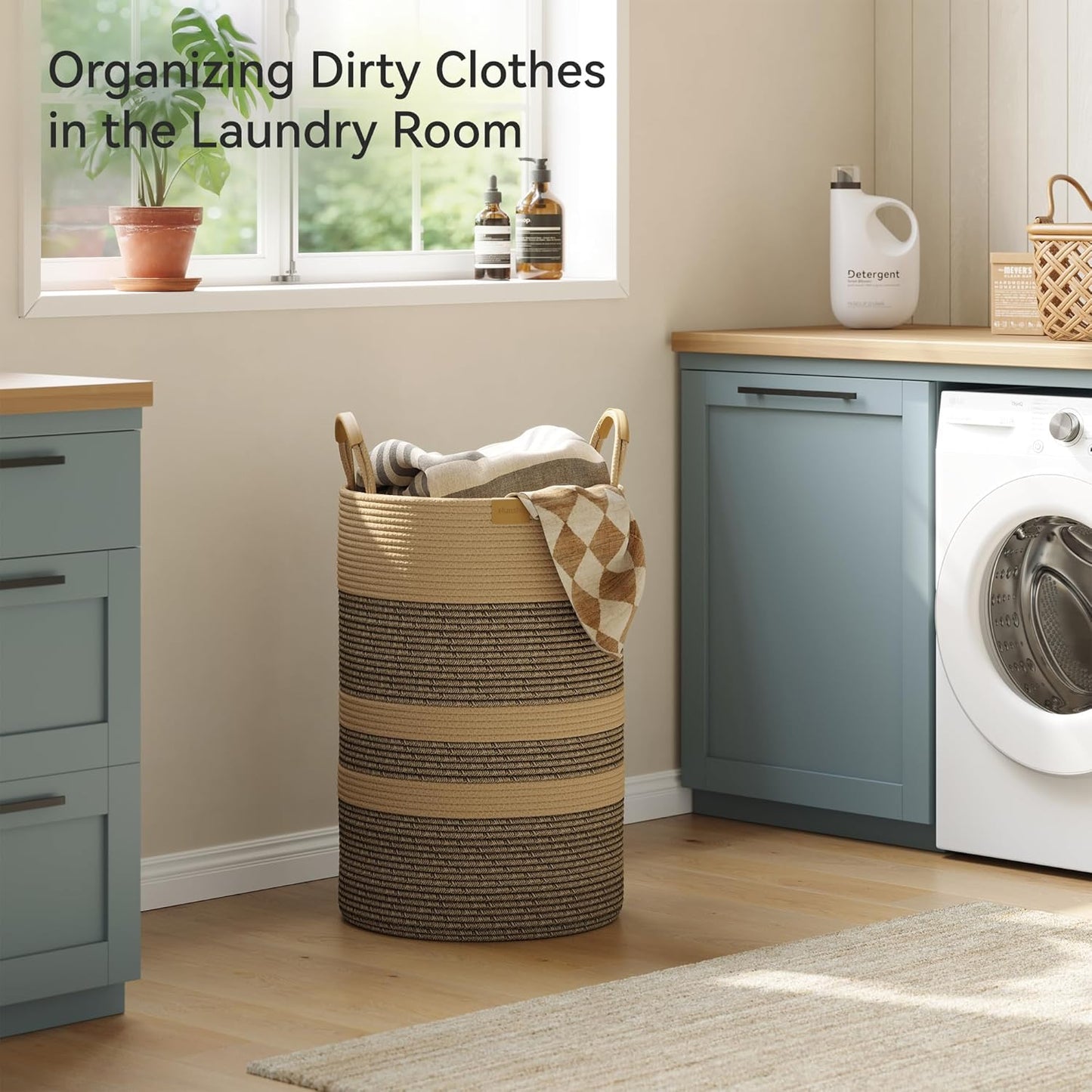 75L Striped Laundry Hamper with Leather Handles,Large Foldable Laundry Basket for Clothes,Cotton Rope Storage Bin for Blankets,Woven Clothes Basket for Bedroom,Dark Brown Stripes