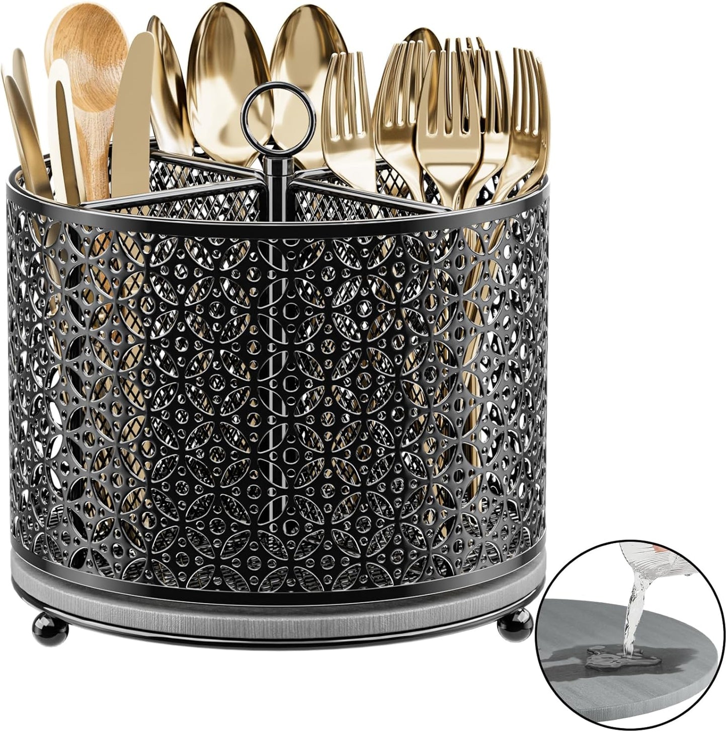360° Rotating Utensil Holder Caddy - Fast-Drying Silverware Flatware Organizer - 4 Compartment Large Cutlery Holder with Handle For Kitchen Countertop Party Office Picnic Table Black