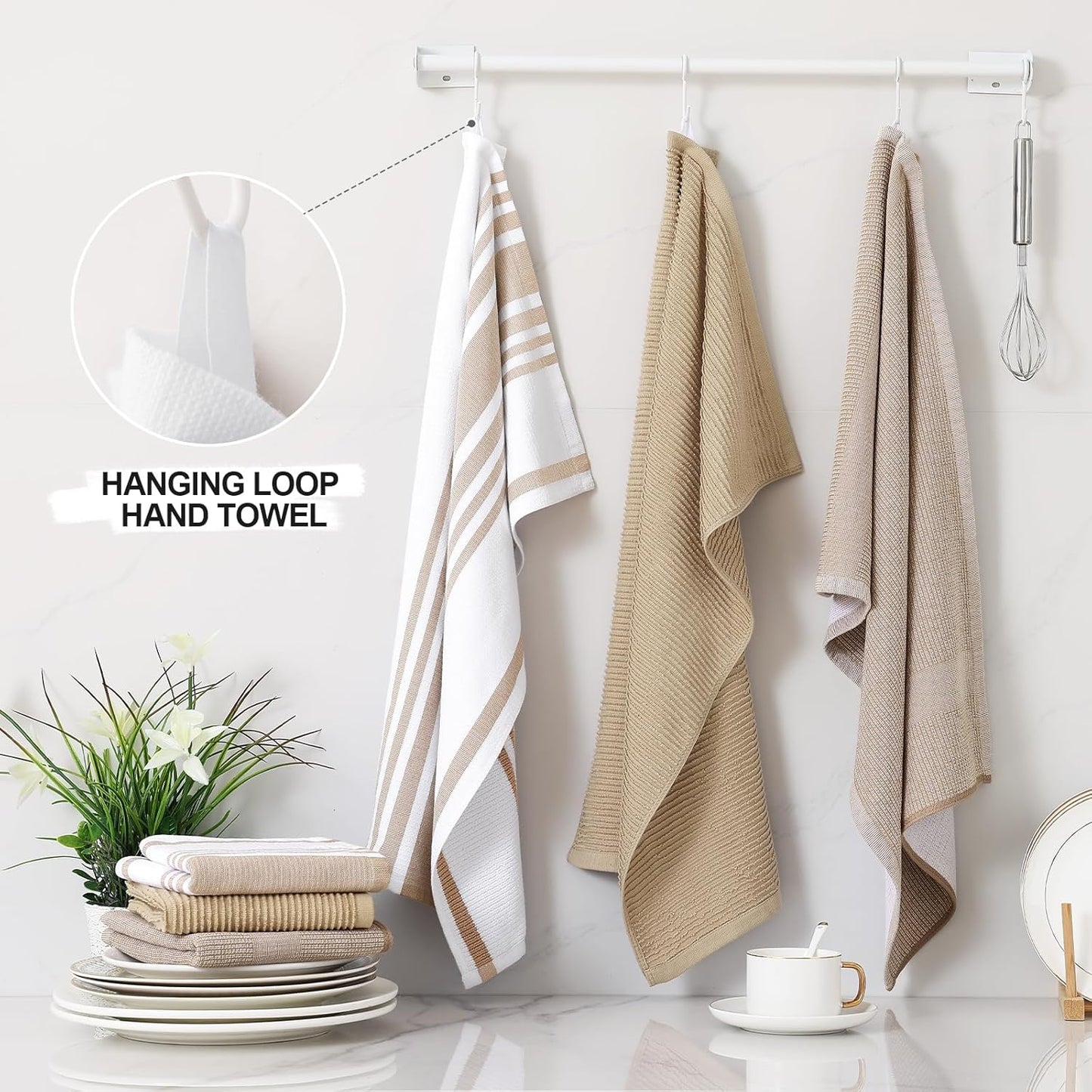 Homaxy Premium Kitchen Towels(18”x 28”, 3 Pack), Large Cotton 380 GSM Kitchen Hand Towels, Soft and Absorbent Terry Dish Towels, Multipurpose Tea Towel Set with Hanging Loop, Khaki