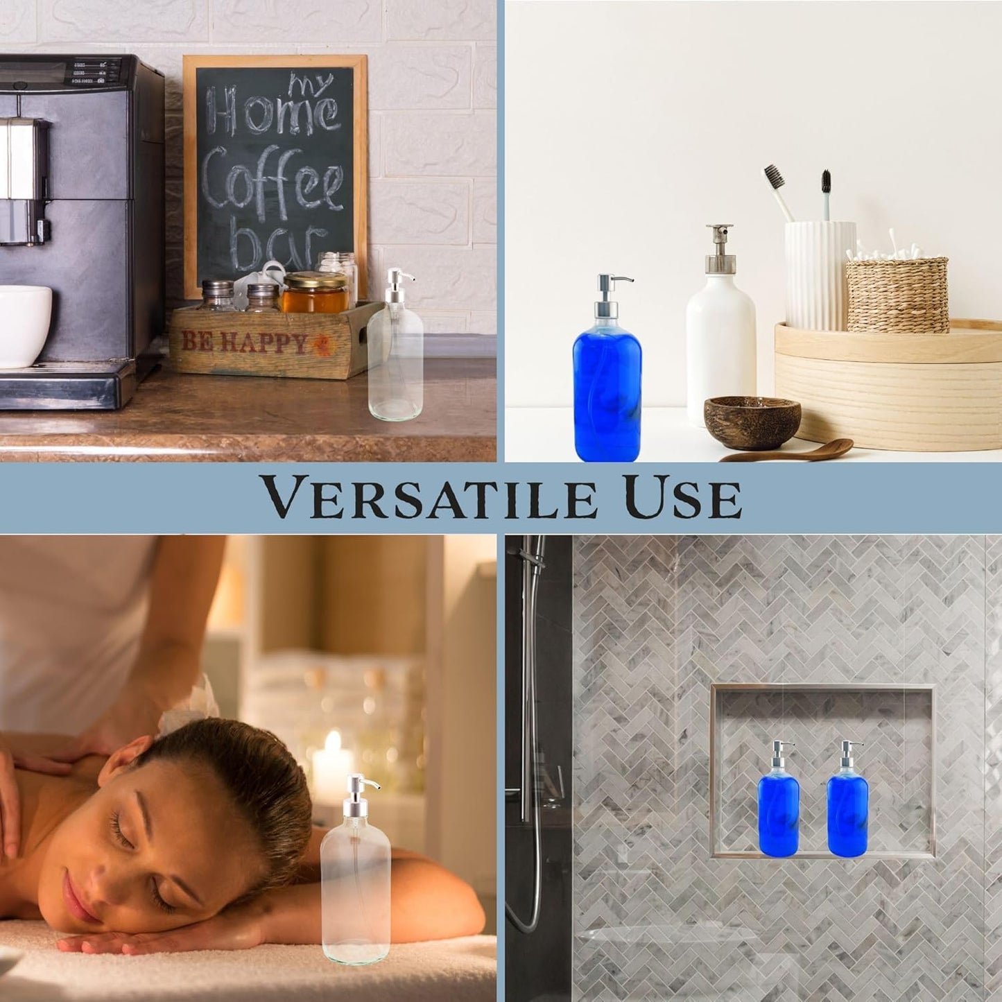 Cornucopia Brands 8-Ounce Clear Glass Boston Round Bottles w/Stainless Steel Lotion Pumps (4-Pack); Empty Refillable Liquid Soap & Lotion Bottles