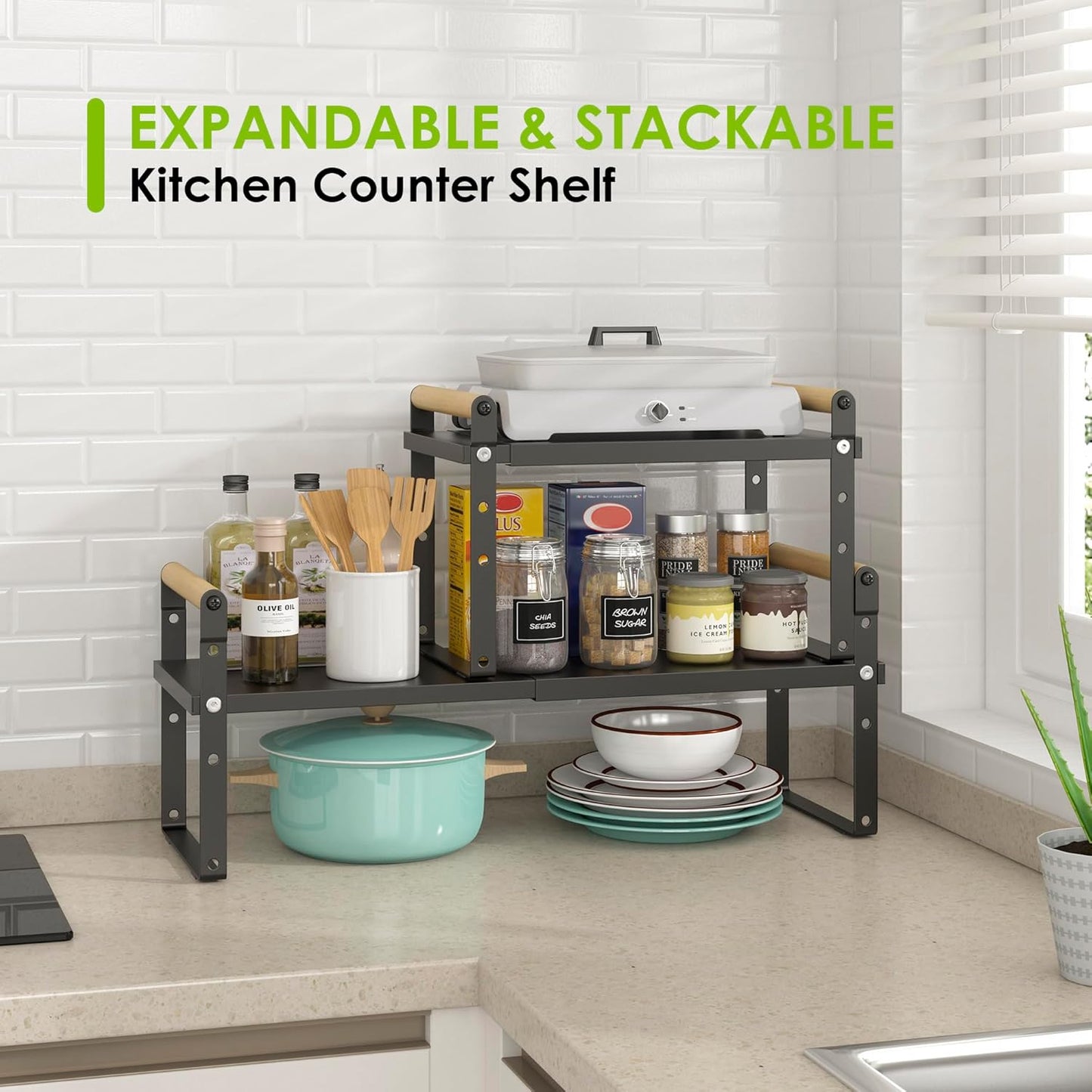 DOLALIKE Expandable kitchen Countertop Organizer, Stackable Cabinet Shelf Organizers, Space Saving Spice Rack Pantry Storage for Bathroom Office Organization (6.9''D*13-19.7''W*7.9''H, Black)