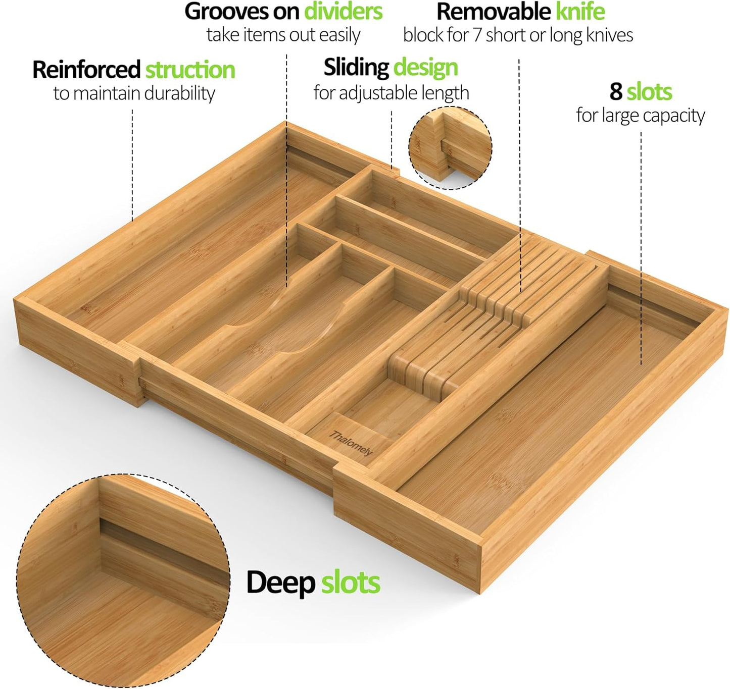 Bamboo Kitchen Drawer Organizer, Expandable Utensil Organizer with Removable Knife Block, Cutlery Tray Holder with Divider, Adjustable Silverware Organizer, Wood Tableware Dividers Storage
