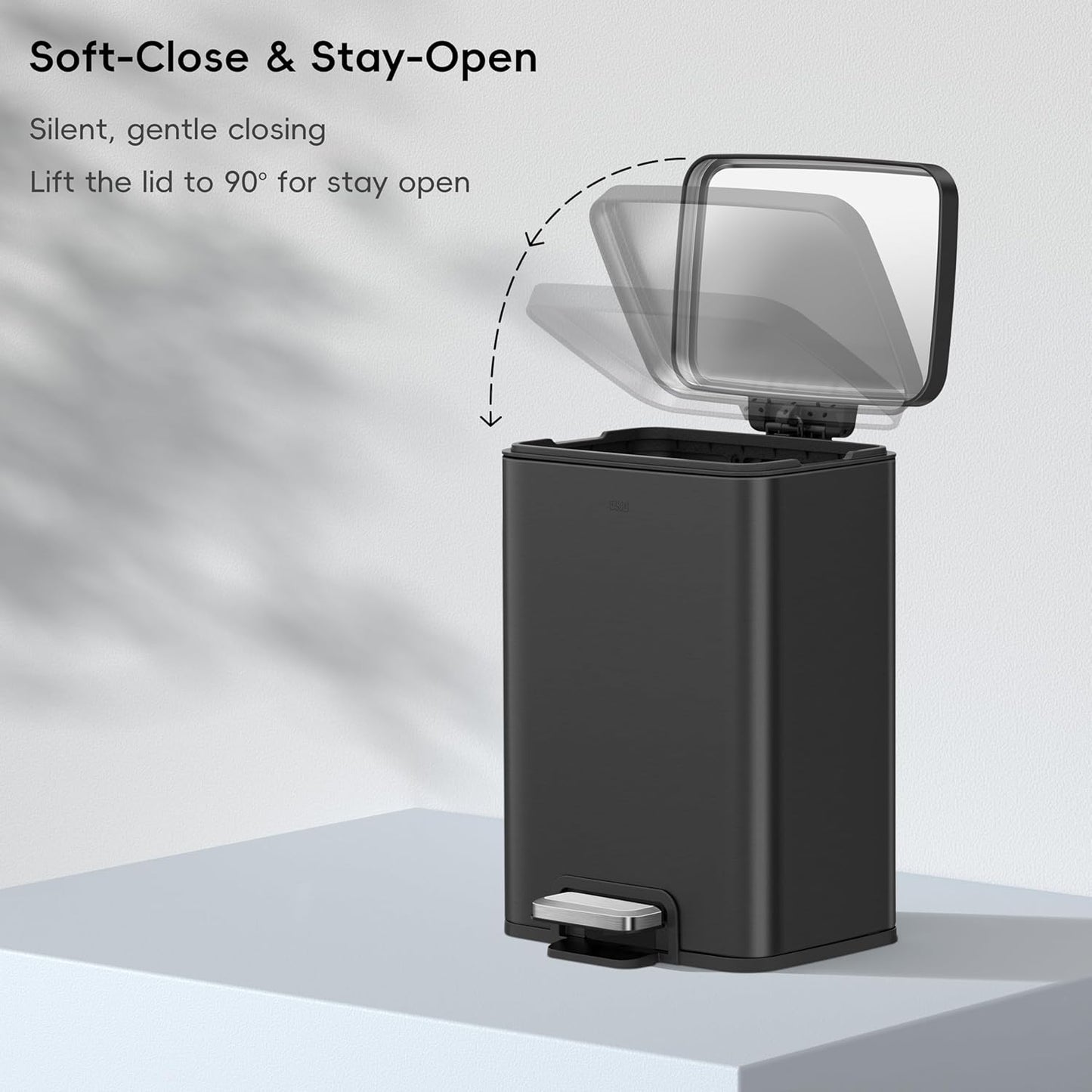 EKO Madison Matte Black 12L / 3.2 Gal Bathroom Trash Can with Lid and Removable Inner Basket, Rectangular Small Step Trash Can