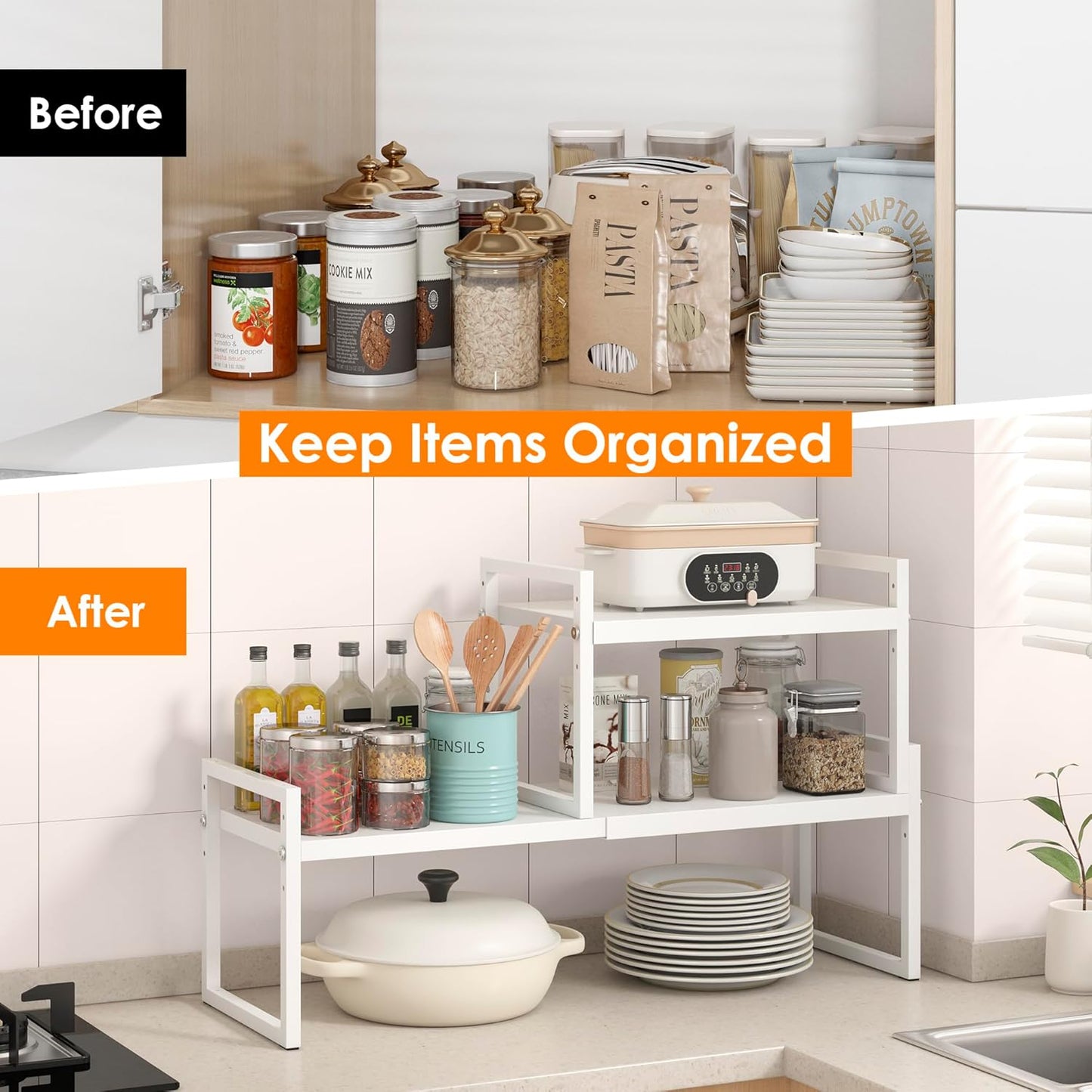 DOLALIKE Expandable Kitchen Countertop Organizer, Stackable Cabinet Shelf Organizers, Space Saving Spice Rack Pantry Storage for Bathroom Office Organization (White, 2-Tier)