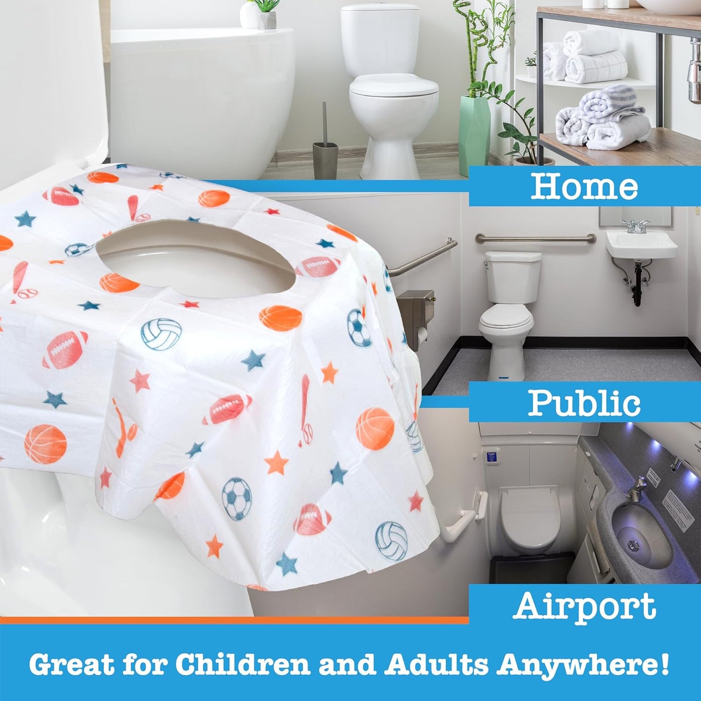 Disposable Toilet Seat Covers for Kids & Adults, 40 Pack - Protect from Public Toilet Germs While Potty Training & More - Extra Large, Waterproof, Portable, Individually Wrapped - Blue/Sports