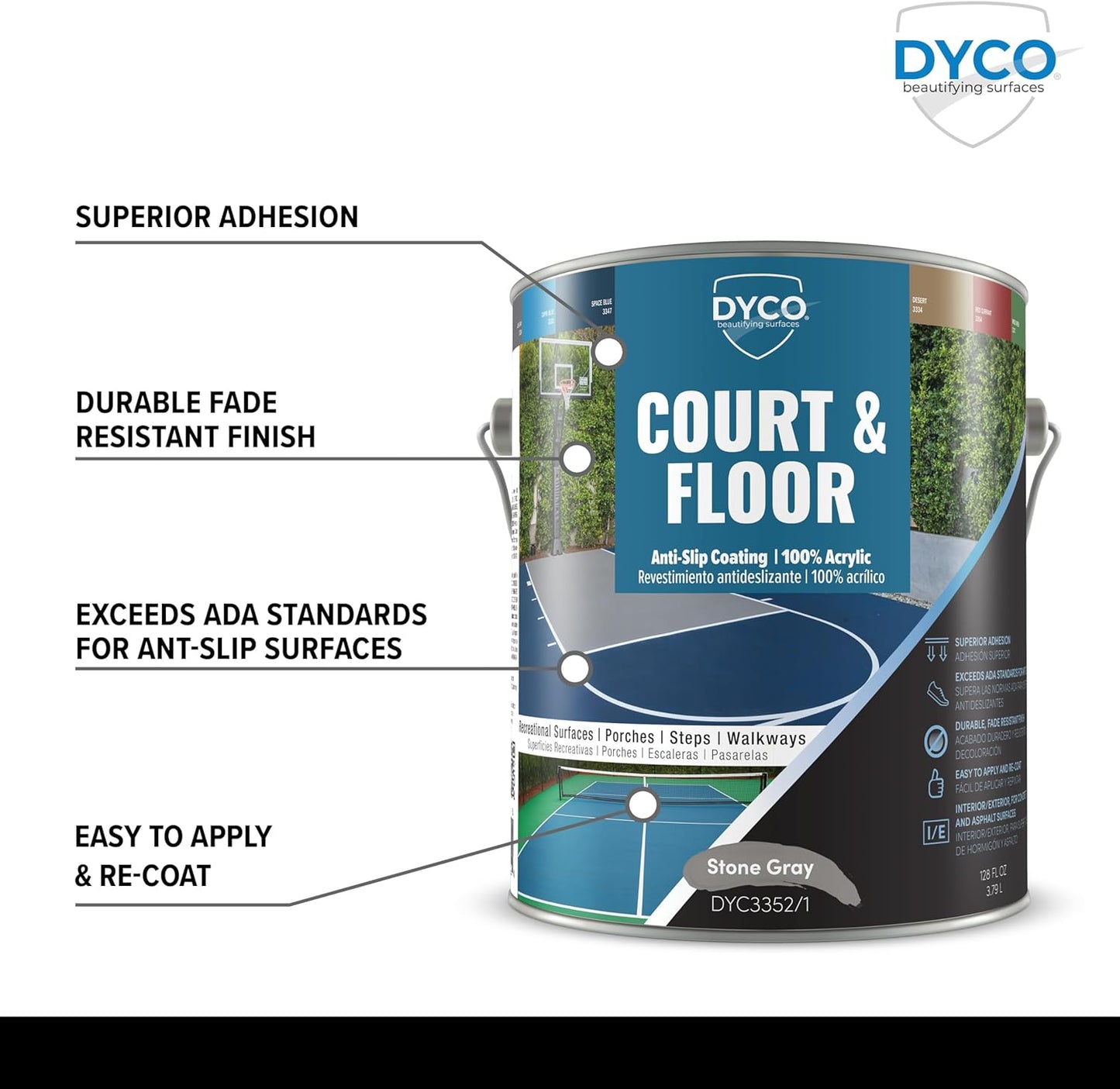 DYCO Court & Floor Anti-Slip Coating - Slip-Resistant Pavement, Cement & Concrete Paint for Pickleball, Tennis & Basketball Courts, Exceeds ADA Standards for Safety Areas (Stone Gray, 1 Gallon)