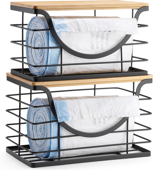 Extra Large Trash Bag Holder Under Sink 2 Pack Stackable Kitchen Storage with Bamboo Lid, Garbage Bag Dispenser Roll Holder, Pantry Organizers Wall Mounted Laundry Room Organization Storage