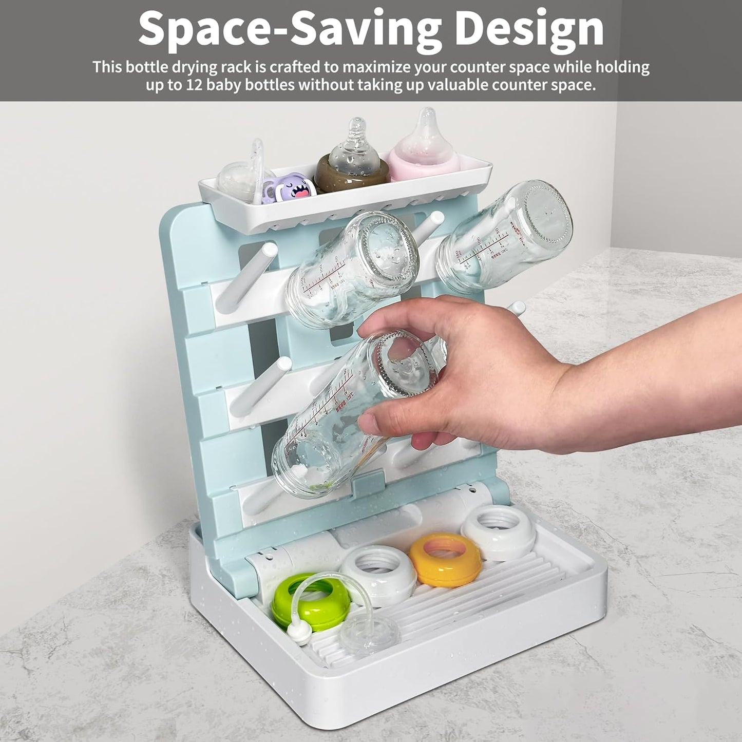 Baby Bottle Drying Rack, Vertical Standing Bottle Dryer Rack Holder-Space Saving Baby Bottle Drying Rack for Countertop-Holds Up to 12 Baby Bottles & Cup(Blue & White)