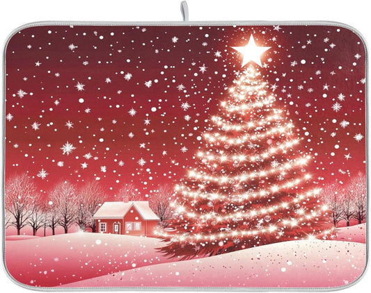 Christmas Tree Red Dish Drying Mat for Kitchen Countertop 18x24 Winter Snow Cabin Xmas Large Drying Mat Reusable Quick Dry Dish Sink Mats Easy Clean Decorative Essentials