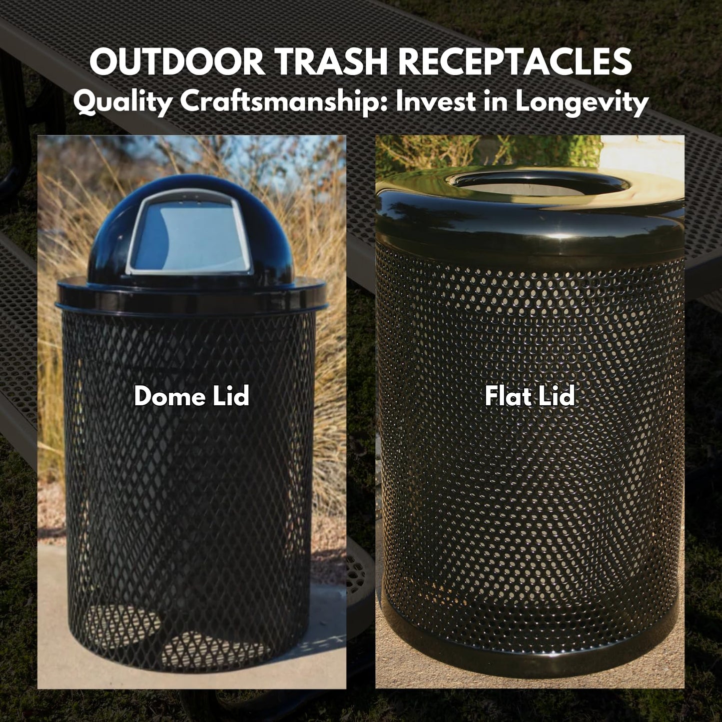 COATEDOUTDOORFURNITURE 32-Gallon Heavy-Duty Punched Steel Round Trash Receptacle, Commercial Outdoor Waste Bin with Liner & Black Flat Top Lid – Made in America (Textured Copper)