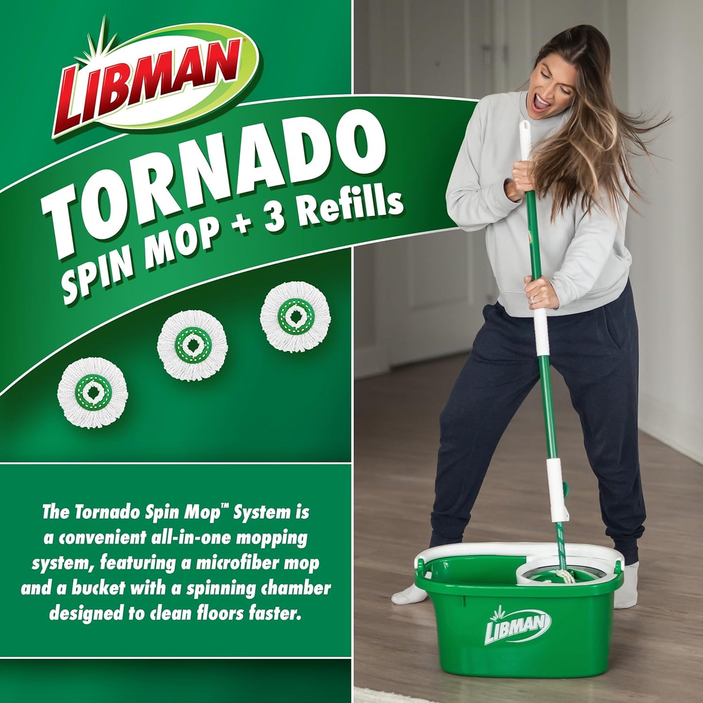 Libman Tornado Spin Mop System with 3 Refill Heads, Microfiber Spinning Mop and Bucket with Wringer Set for Home, Floor Cleaning of Hard-Wood, Laminate, Tile, All Surface Cleaner, 4 Total Mop Heads