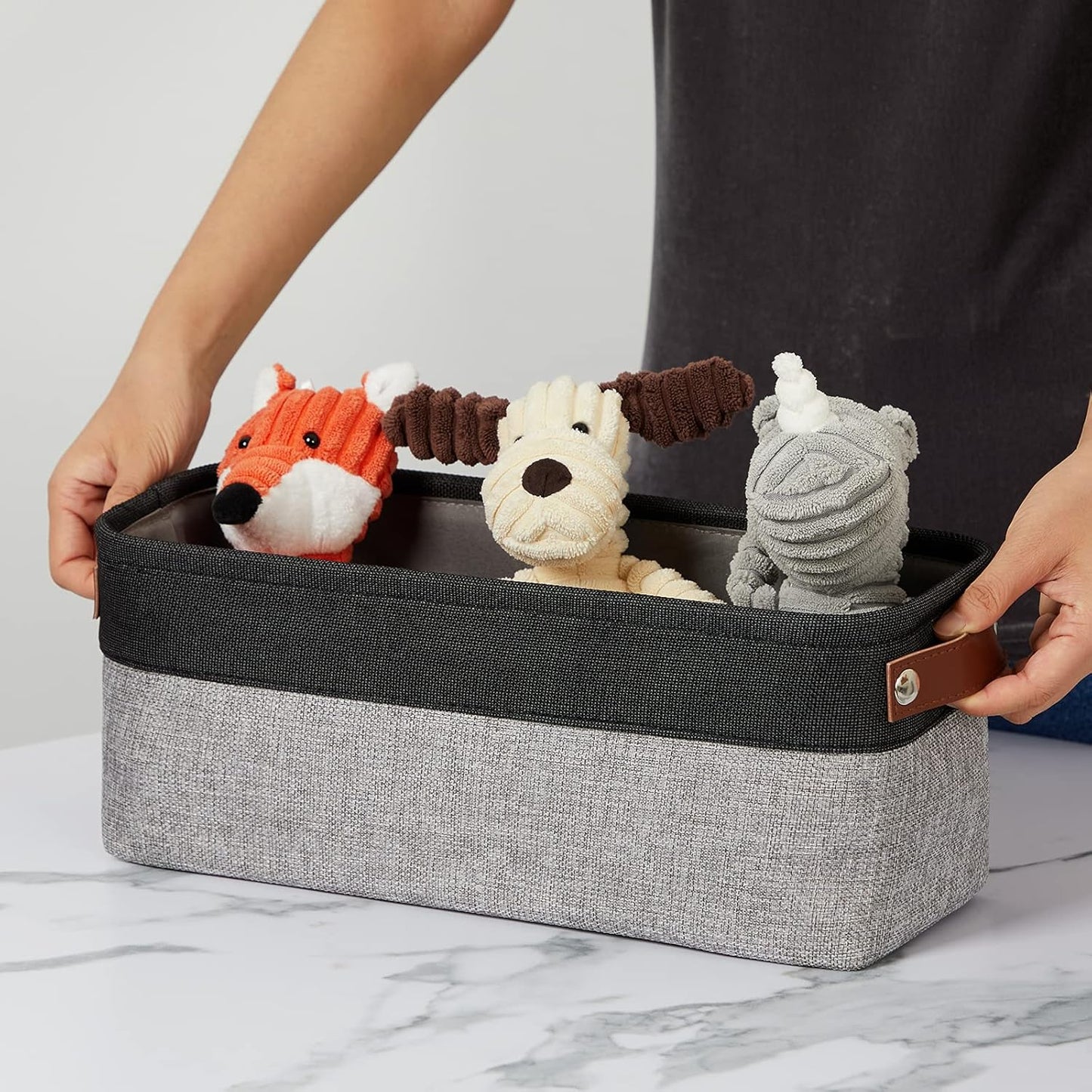 DULLEMELO Small Bathroom Baskets for Toilet Fabric Storage Baskets 2 Pack - 15"x6"x5.5" Foldable Fabric Organizer for Storage Decorative Storage Bins for Home,Closet(Black&Grey)