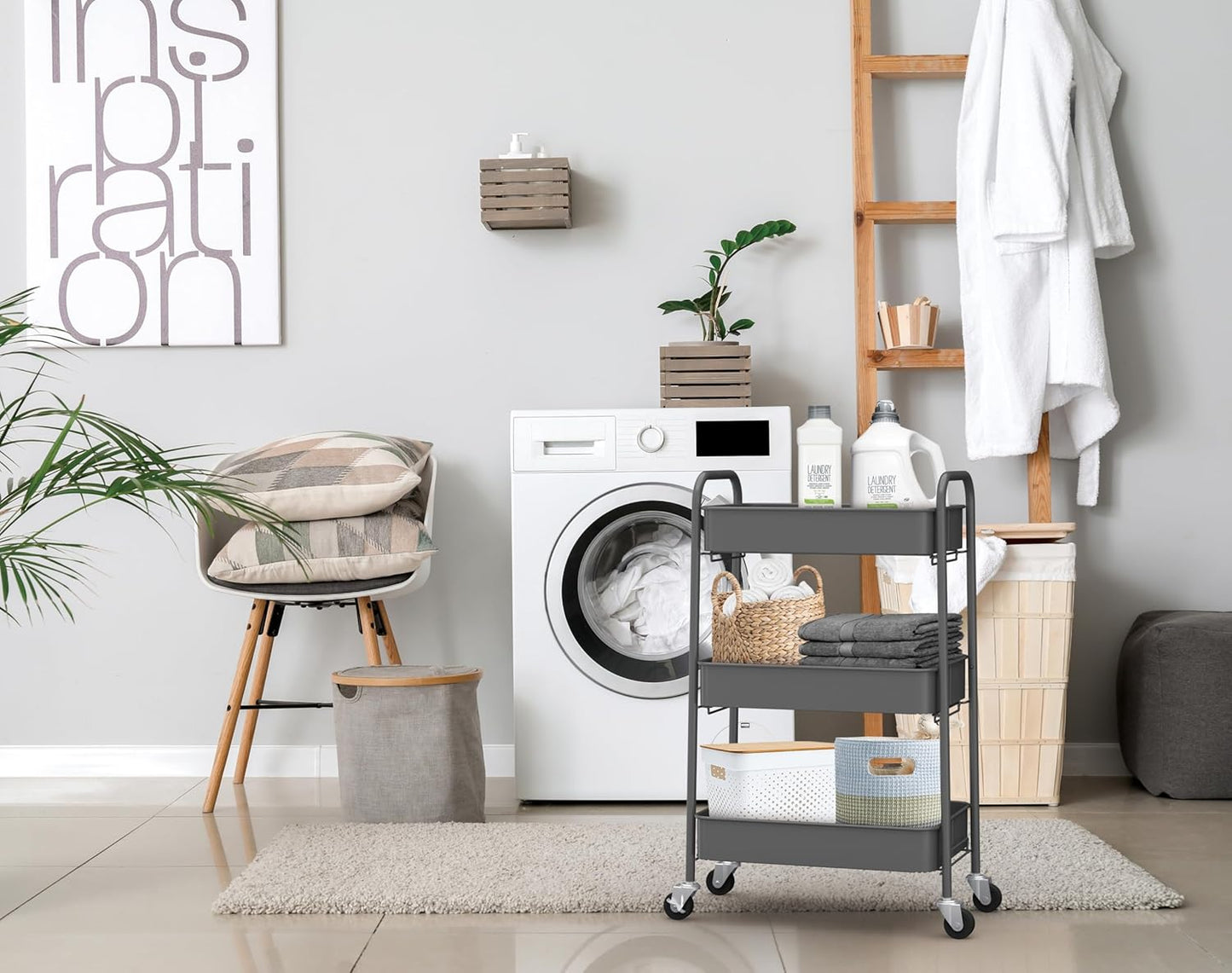 CAXXA 3-Tier Rolling Metal Storage Organizer - Mobile Utility Cart with Caster Wheels, Gray