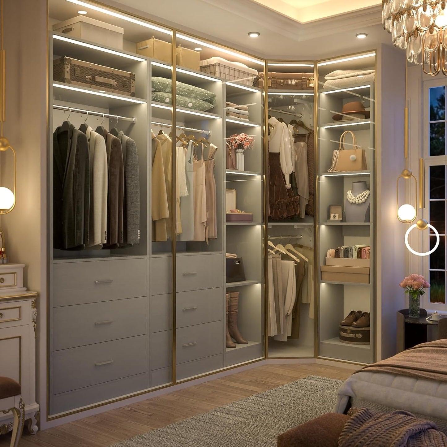 Corner Closet System with 6 Drawers, Closet Organizer System with 14 Shelves & 4 Hanging Rods, 87.2"L * 39.2"W / 63.2"L * 63.2"W Reversible L Shaped Walk-in Closets, Load 2500+LBS, Grey