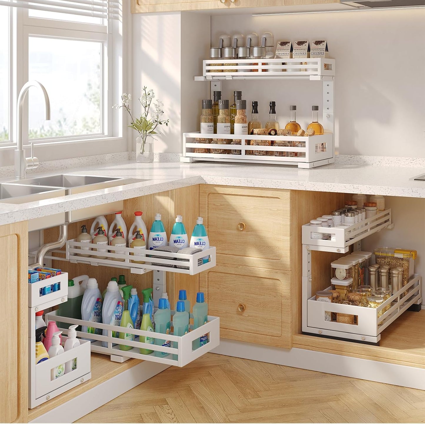 2-Pack 19"Deep Under Sink Organizer And Storage, 2-Tier L-Shaped Pull Out Cabinet Organizer with Upgraded Slide Rails, Height Adjustable Drawers for Kitchen&Bathroom, Extra-Large Storage Shelves–White