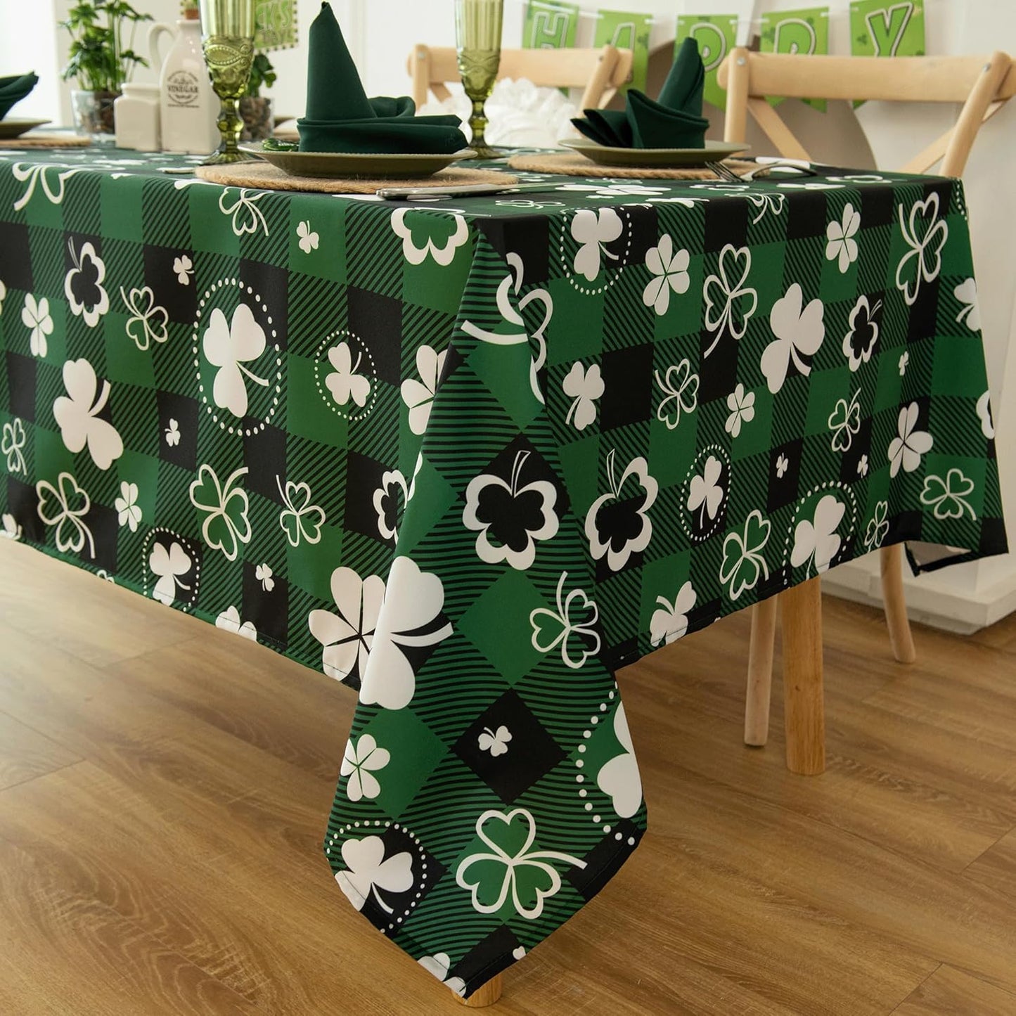 Green Waterproof Plaid St.Patrick Tablecloth Fabric - Square 58x58 Inch Classic Gingham Checker Holiday Table Cloth for Indoor Use - Lucky Shamrock Table Cover for BBQs, and Parties