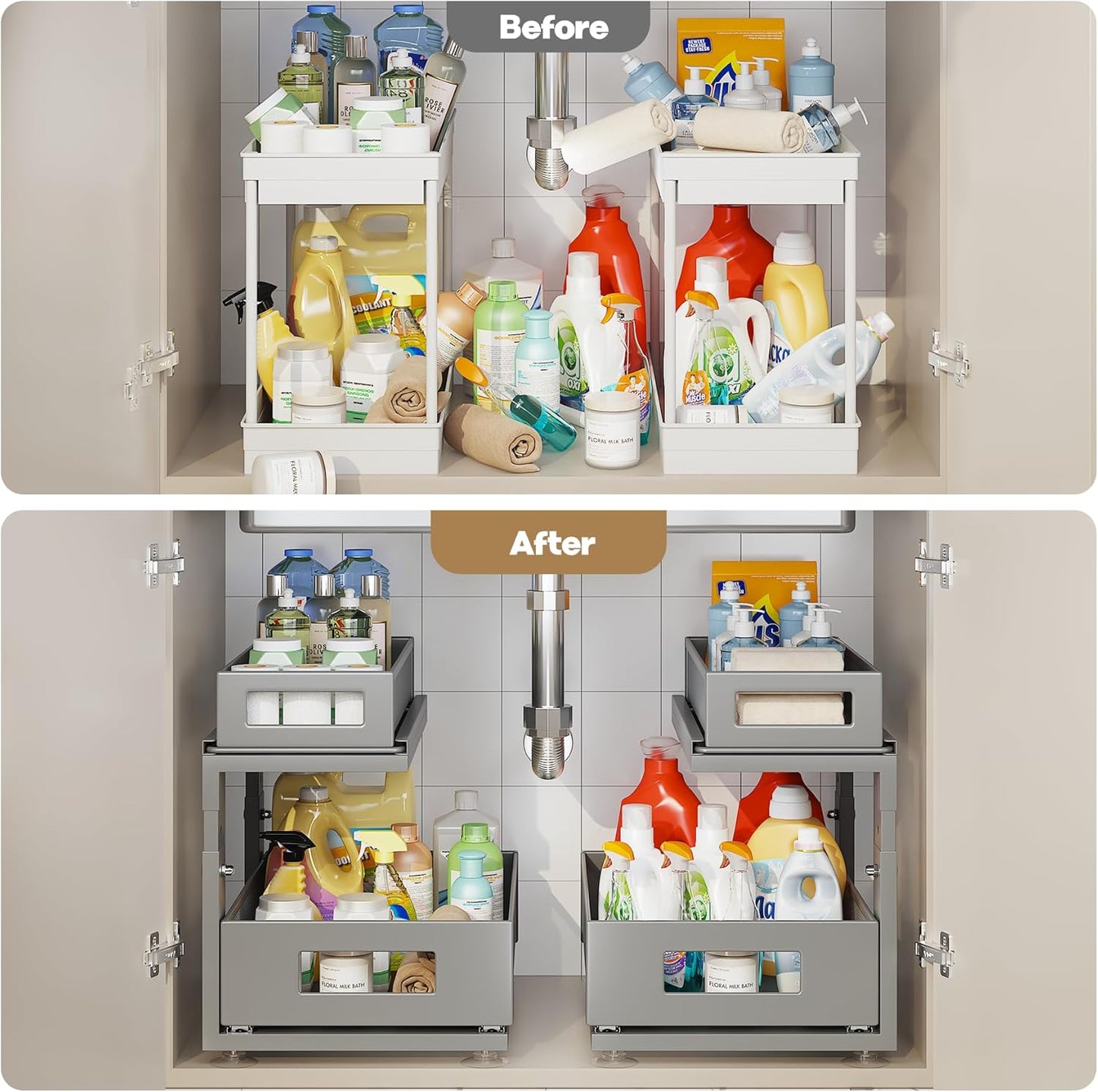 2 Pack 15.74IN-Depth Under Sink Organizer With Next-Gen Ball-Bearing Slides,2-Tier Pull Out Cabinet Storage,Height Adjustable Drawer Shelf for Bathroom,Kitchen,Laundry,Cabinet,Pantry-Gun Gray