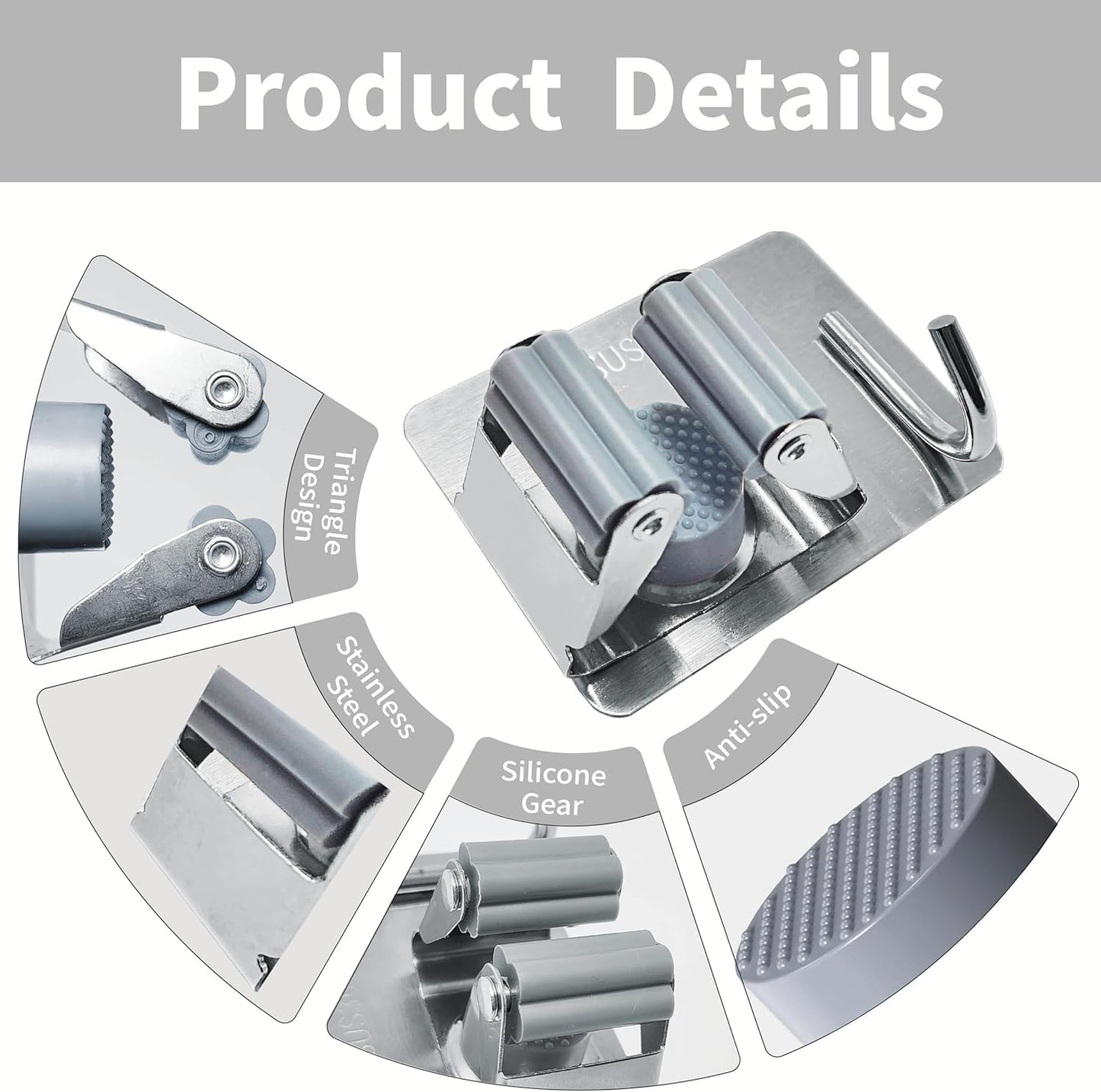 5 Pack Mop and Broom Holder Wall Mount, Silver Stainless Steel Mop and Broom Hanger with Hooks, Mop Broom Organizer for Closet Laundry Garage Garden Tool Organizer