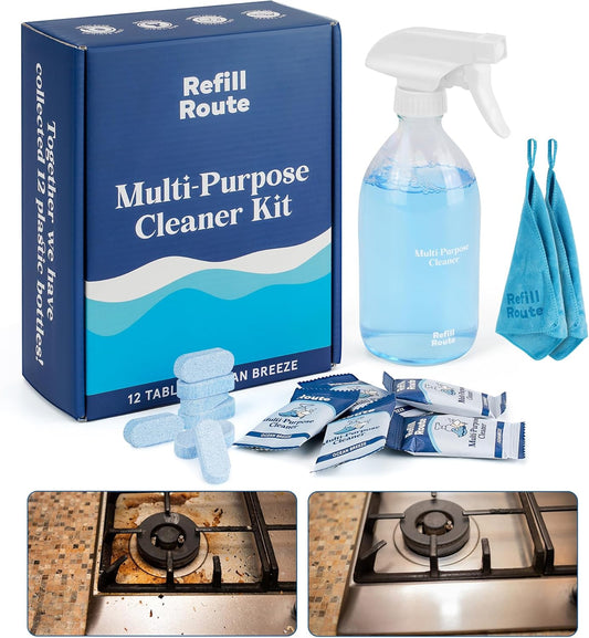 All Purpose Cleaning Tablet Kit with Reusable Glass Spray Bottle - Multipurpose Cleaner Spray Refills - 192 fl oz Total (12x 16 fl oz bottles of spray cleaner) - Plant-Based Cleaner - Ocean Breeze