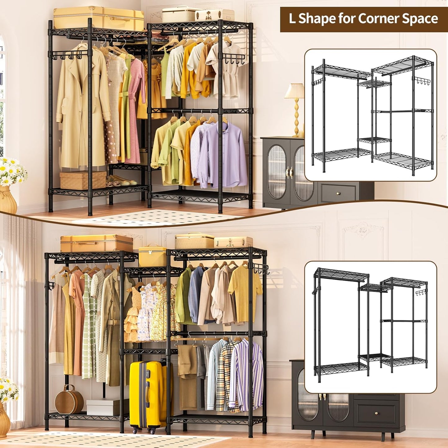 Heavy Duty Garment Rack Large Clothes Rack,Freestanding Closet Portable Clothing Rack with 7 Adjustable Wire Shelves&4 Hang Rods&2 Hooks,Metal Closet Storage Organizer Wardrobe System,MaxLoad 1000lbs