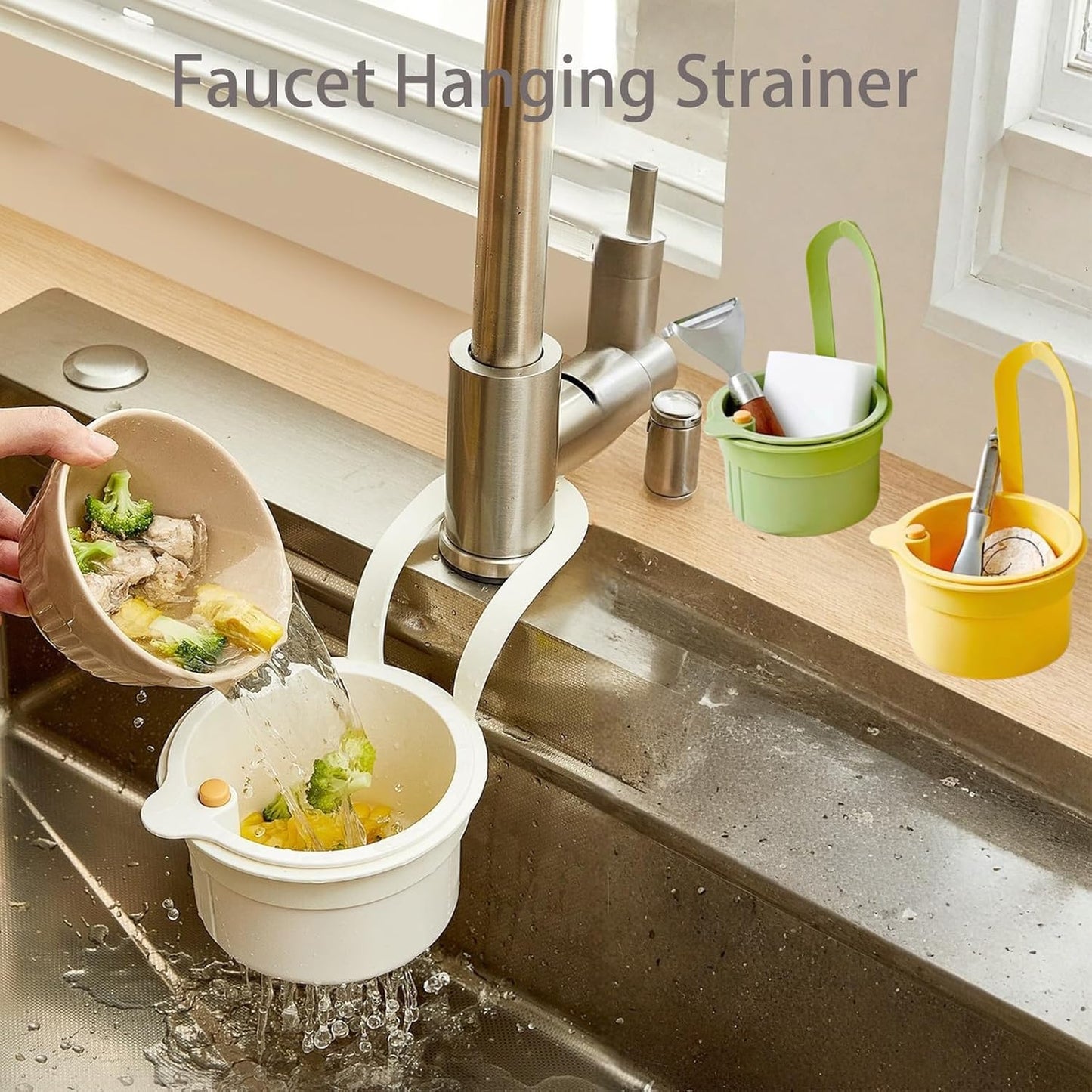 Faucet Hanging Strainer Kitchen Sink Food Waste Catcher Drain Basket, Plastic Kitchen Sink Strainer Automatic Dumping Draining Basket, Food Fruit Vegetable Drain Shelf Sink Storage Holder (Green)