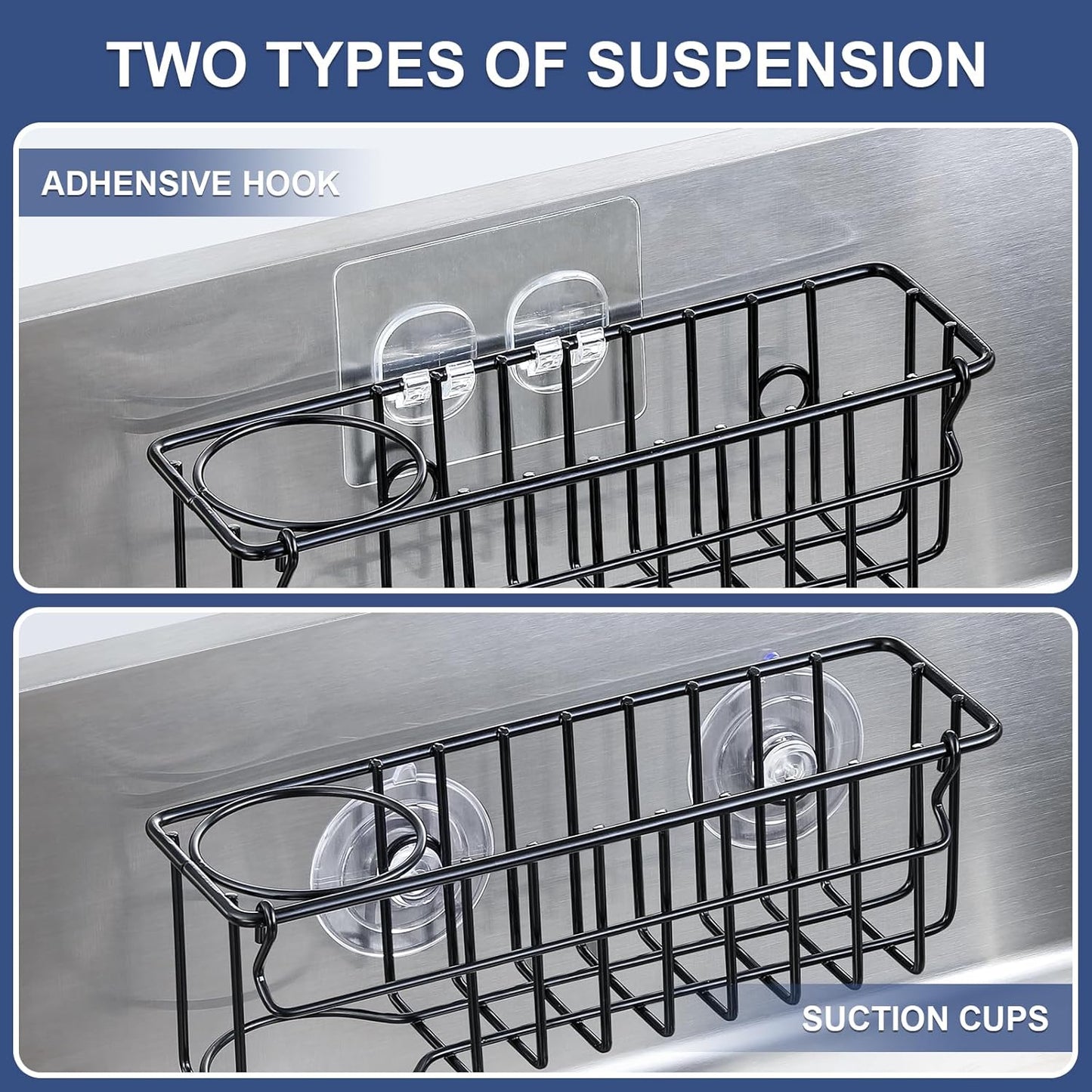 3-In-1 Sponge Holder for Kitchen Sink, 2 Type Suspension Options (Suction Cups & Adhesive Hook), Hanging Sink Caddy Organizer Rack - Sponge, Dish Cloth, Brush, Scrubber, 304 Stainless Steel - Black