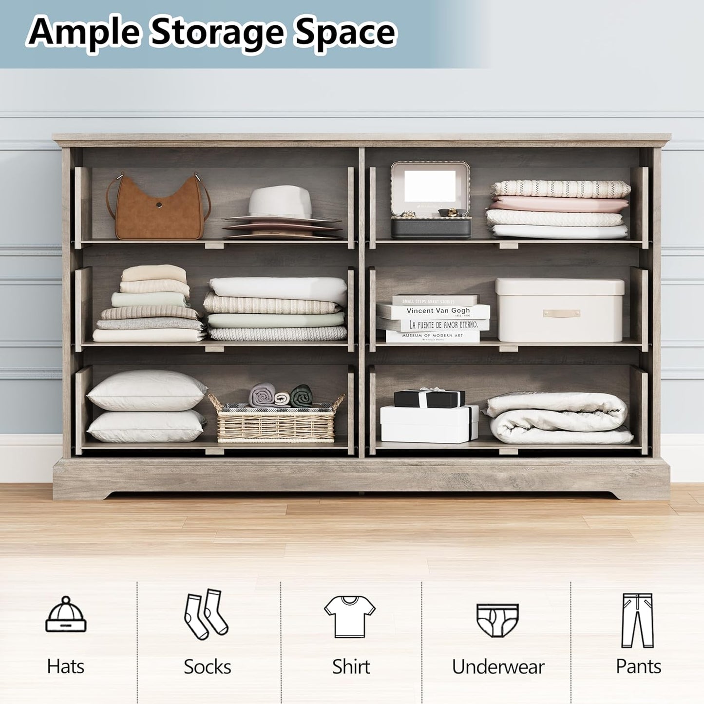 6 Drawer Dresser for Bedroom, 53" Wide Wooden Chest of Drawers, Rustic Farmhouse Dresser with Large Drawers & Metal Handles, Modern Storage Organizer for Closet, Living Room, Hallway, Grey