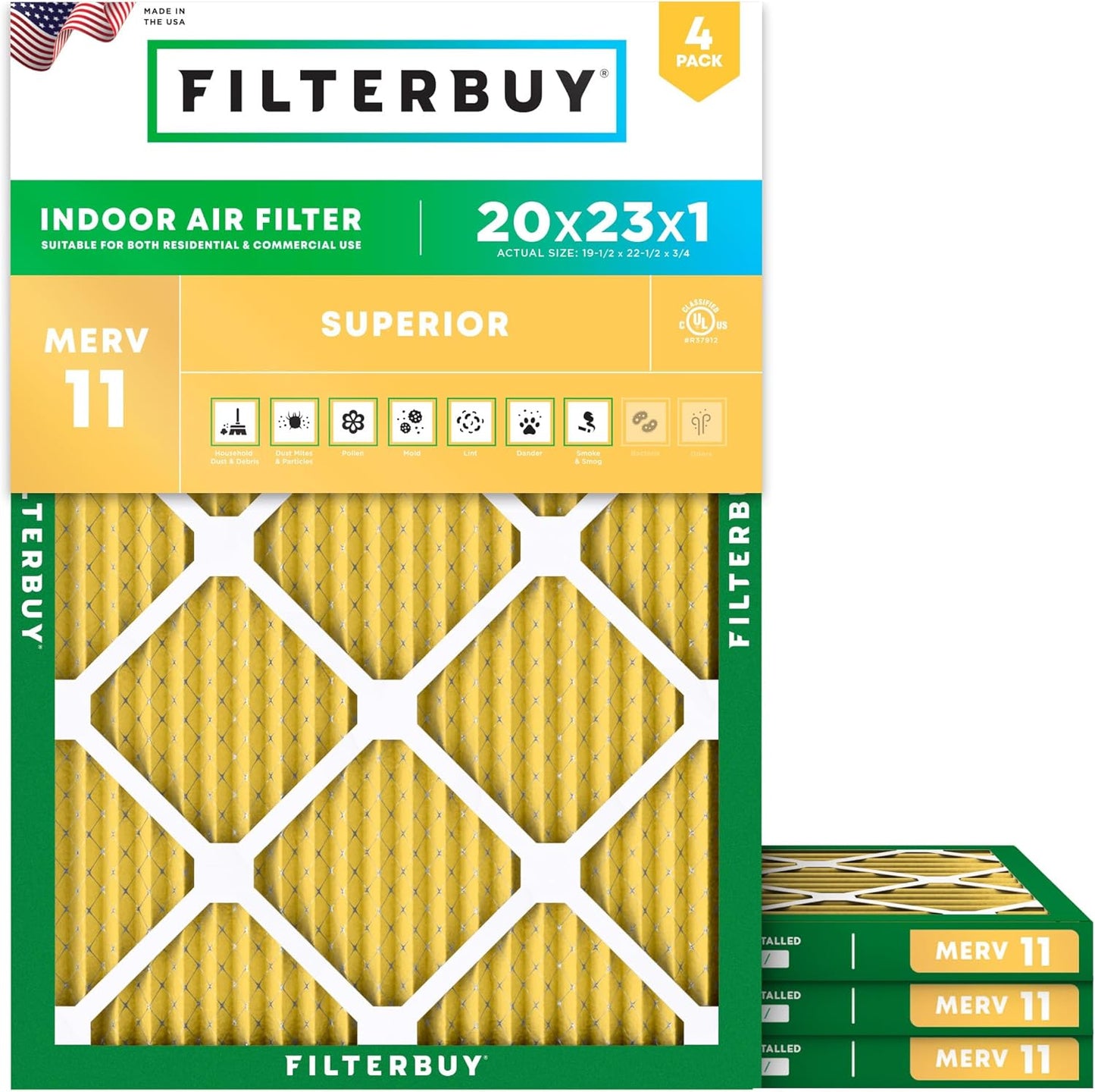 Filterbuy 20x23x1 Air Filter MERV 11 (MPR 1200) Allergen Defense Replacement (4-Pack), Electrostatic Pleated HVAC AC Furnace Filters, Made in USA (Actual Size: 19.50 x 22.50 x 0.75)