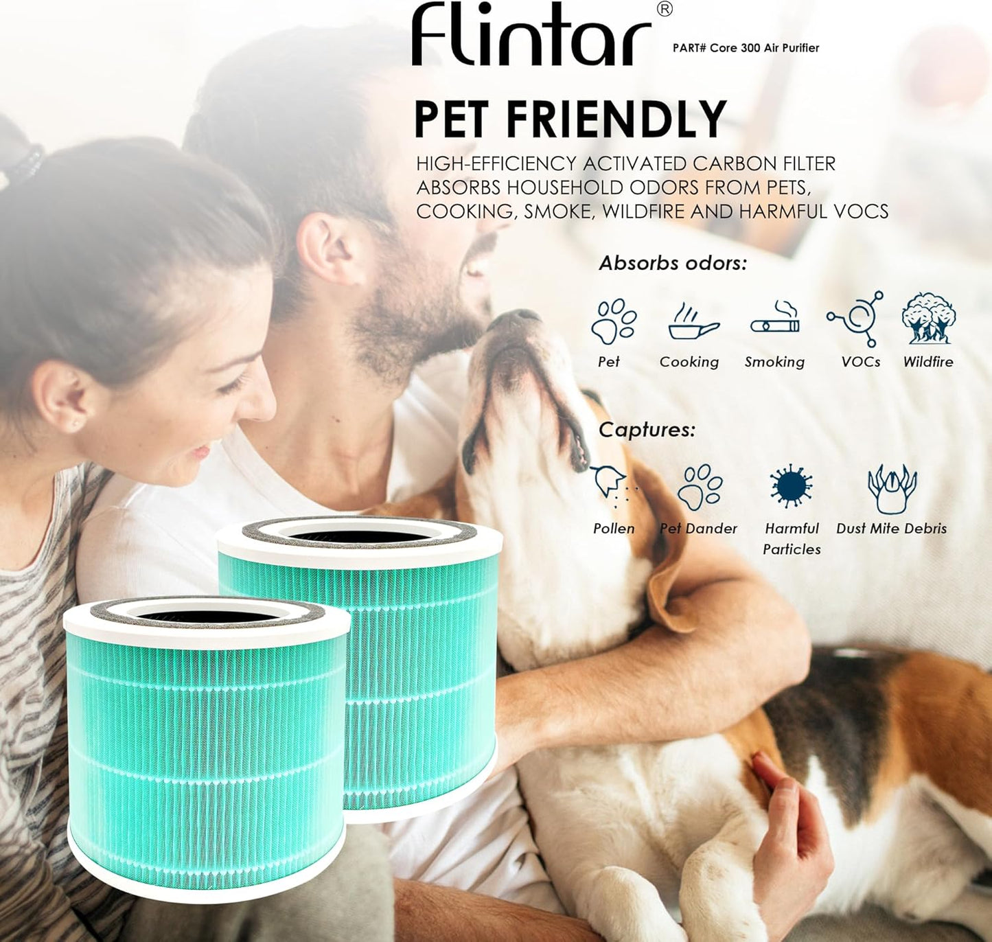 Flintar Core 300 Toxin Absorber Replacement Filters, Made in TAIWAN, Compatible with LEVOIT Core 300, Core 300S VortexAir Air Purifier, H13 Grade True HEPA Filter, Core 300-RF-TX, 2-Pack